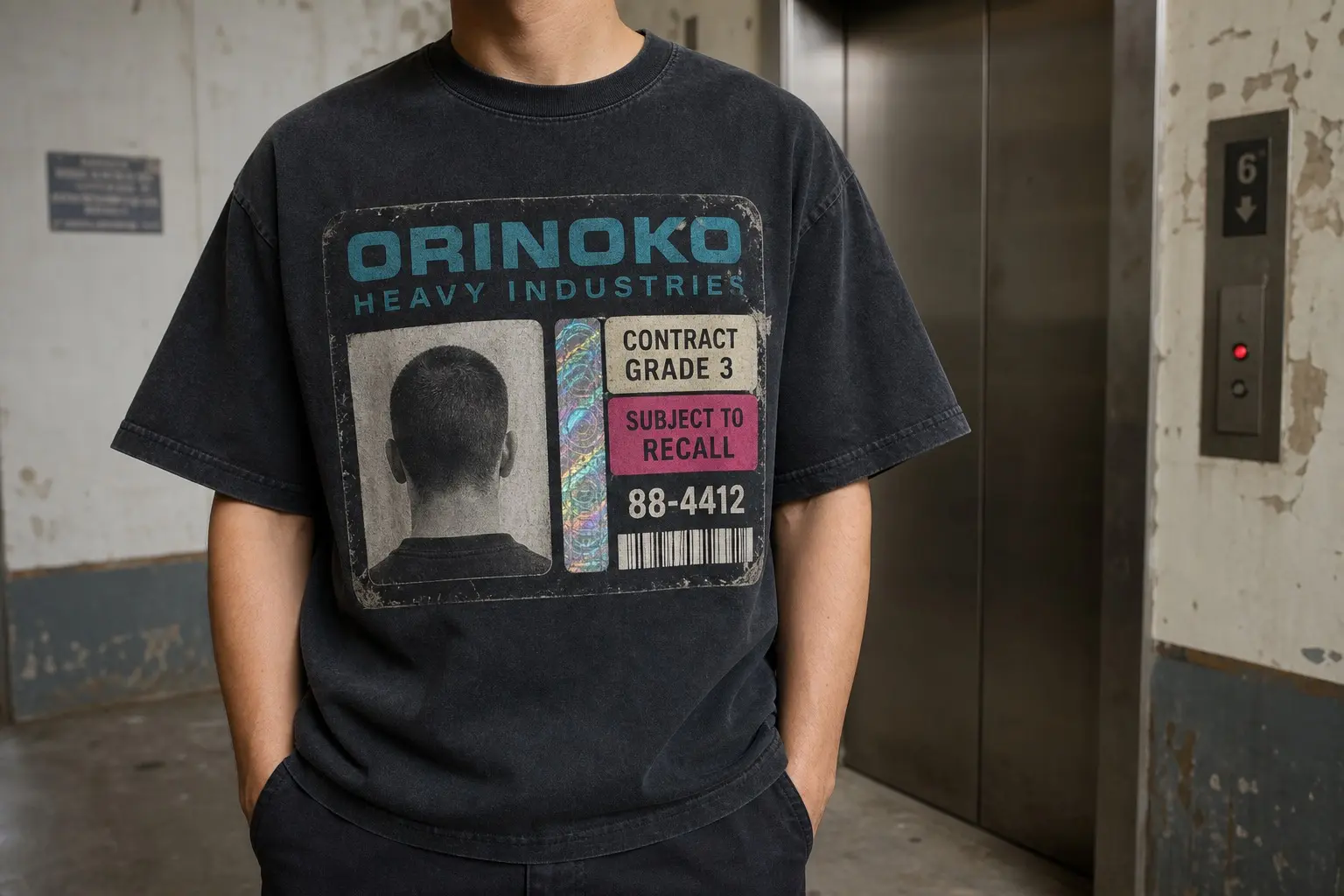 A charcoal t-shirt worn from the chest down in a lift lobby, printed with a laminated corporate ID pass showing a portrait window with only the back of a head visible, ORINOKO HEAVY INDUSTRIES across the top, CONTRACT GRADE 3 on a coloured band, the number 88-4412 beneath a barcode, a holographic strip, and SUBJECT TO RECALL in small type at the base
