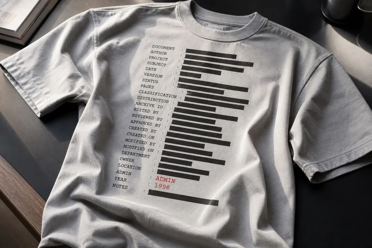 A newsprint-grey tee, crumpled on a desk, printed zine-rough in charcoal and one red as a long column of rows — each a name field beside a value field, every value blacked out under a solid bar of a different length, except two rows left open, reading ADMIN and 1998.