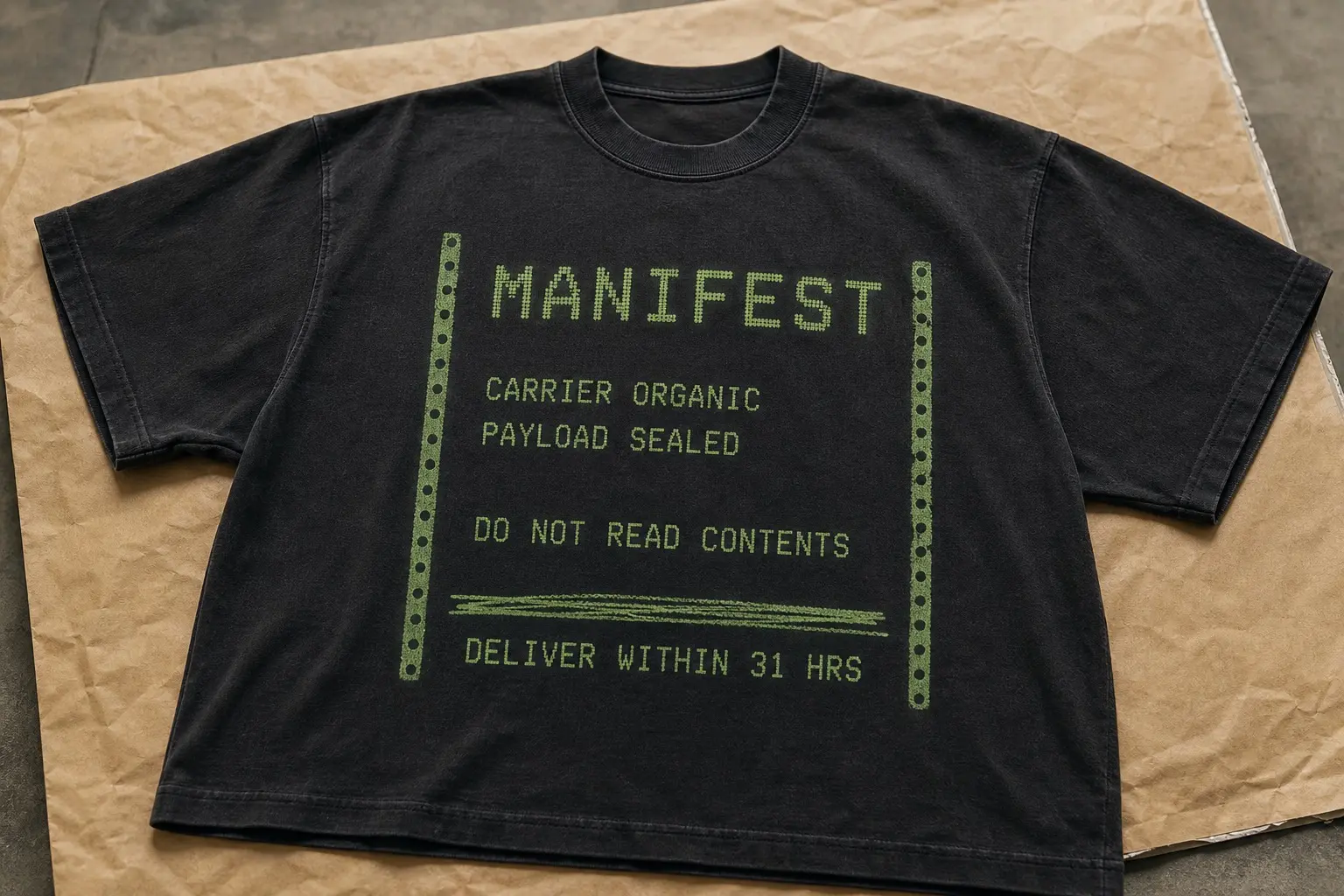 A near-black tee flat on a courier bag, printed with a fanfold dot-matrix manifest with tractor-feed holes down both edges — the fields CARRIER ORGANIC and PAYLOAD SEALED, a line reading DO NOT READ CONTENTS, one line above the base struck through in pen, and DELIVER WITHIN 31 HRS at the base.