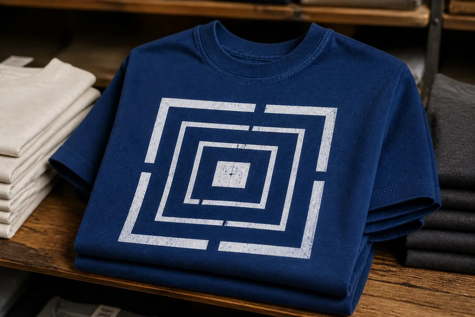 A deep blue tee printed in white only as a blueprint reversal, folded on a shelf, showing a floor plan of a data fortress as pure architecture — rectilinear rooms nested four deep, the innermost a small solid square, walls at four different thicknesses, one doorway gap in each wall, no two gaps aligned, and no text.
