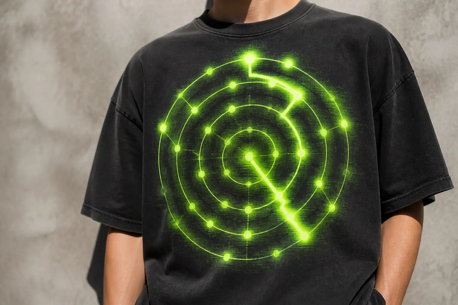 A near-black tee printed in one acid green with a CRT phosphor glow, showing roughly thirty node dots arranged in four concentric rings of increasing density, every node linked to its neighbours, and one single continuous path threading from the outermost ring to the centre drawn much heavier than everything else.