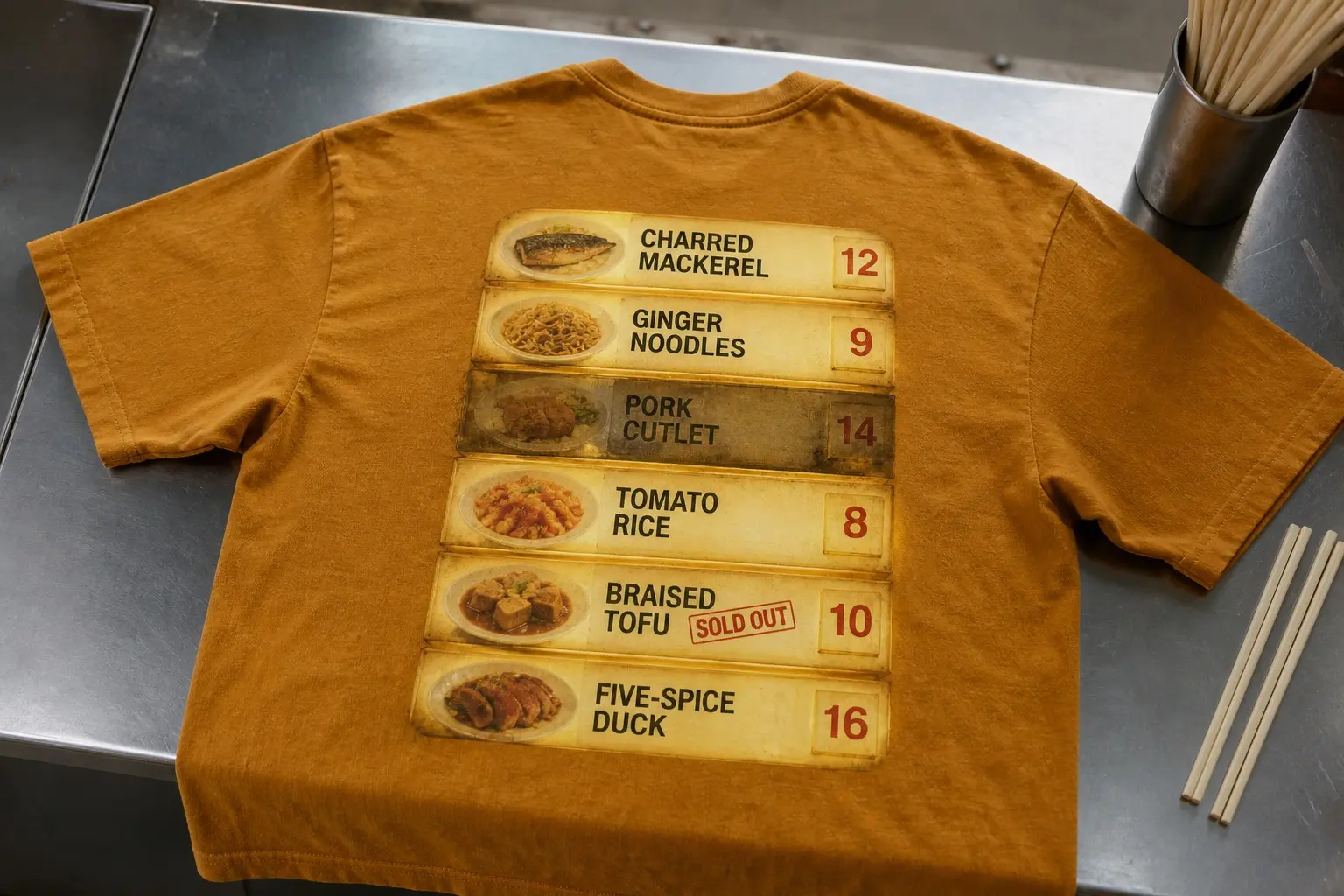 A warm amber t-shirt laid flat on a steel counter beside chopsticks, printed with a backlit menu panel of six rows, each a small faded dish photograph beside a name and a clip-in price — charred mackerel 12, ginger noodles 9, pork cutlet 14, tomato rice 8, braised tofu 10 overlaid with a SOLD OUT tab, five-spice duck 16 — with the third row lit dimmer than the rest