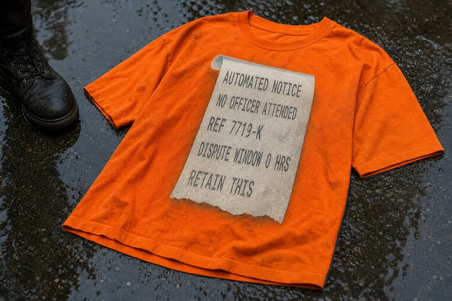 A safety orange tee flat on wet pavement beside a boot, printed with a curling thermal