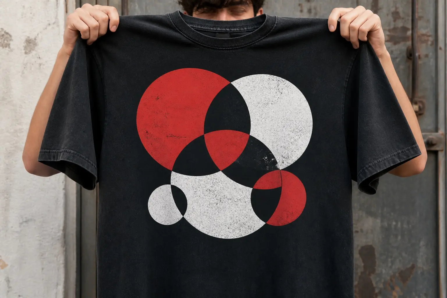 A near-black tee held up by two hands, printed in flat red and white vector as five overlapping circles of different sizes, the areas covered by two or more filled solid, single-coverage areas left open, three small gaps between the circles, and no outline around the whole group.