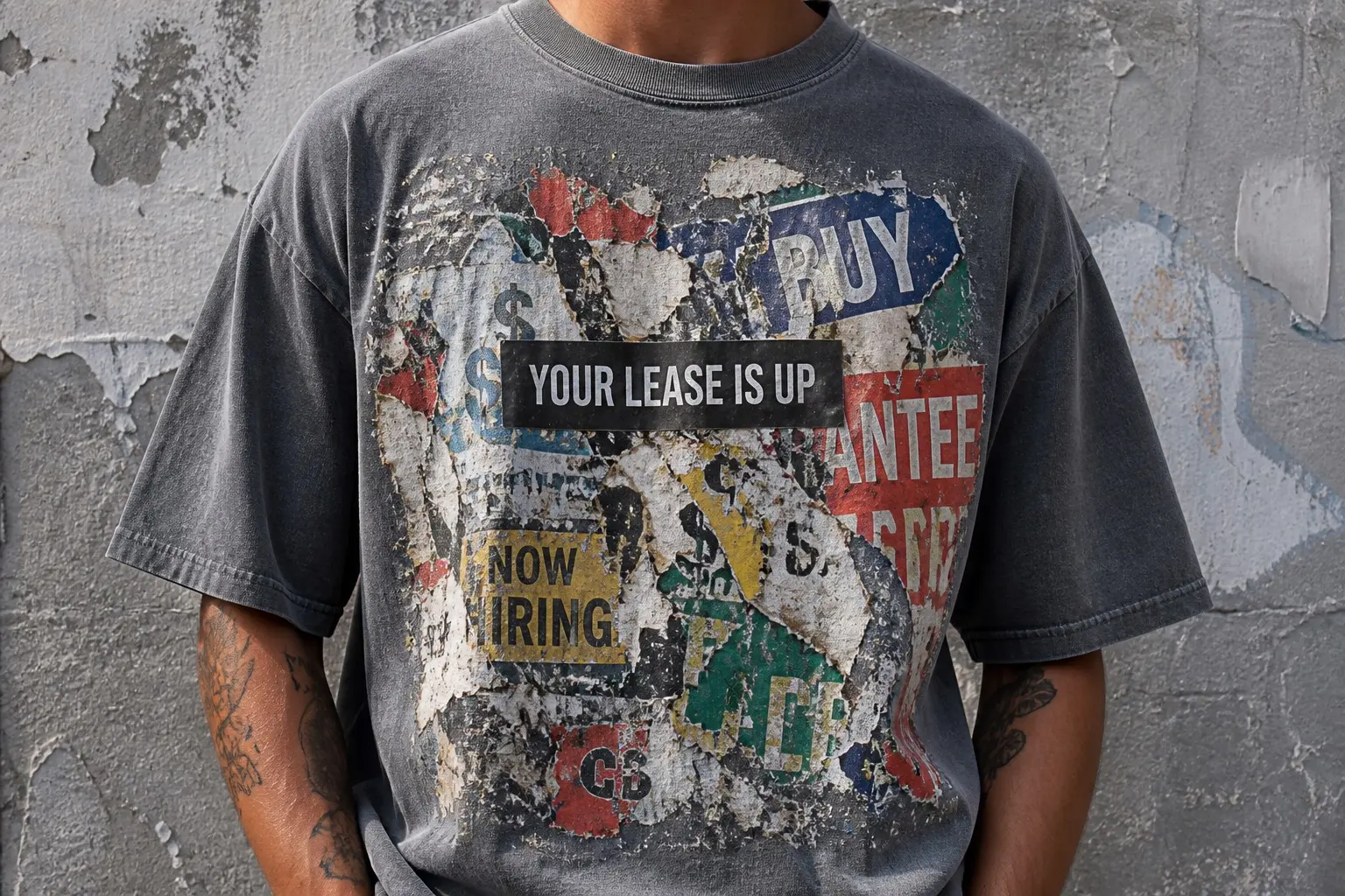 A weathered grey tee worn from the chest down against a concrete wall, printed as a dense wall of overlapping torn stickers and posters reduced to colour and fragments, a half-buried NOW HIRING notice under a newer layer, and one crisp black sticker on top reading YOUR LEASE IS UP