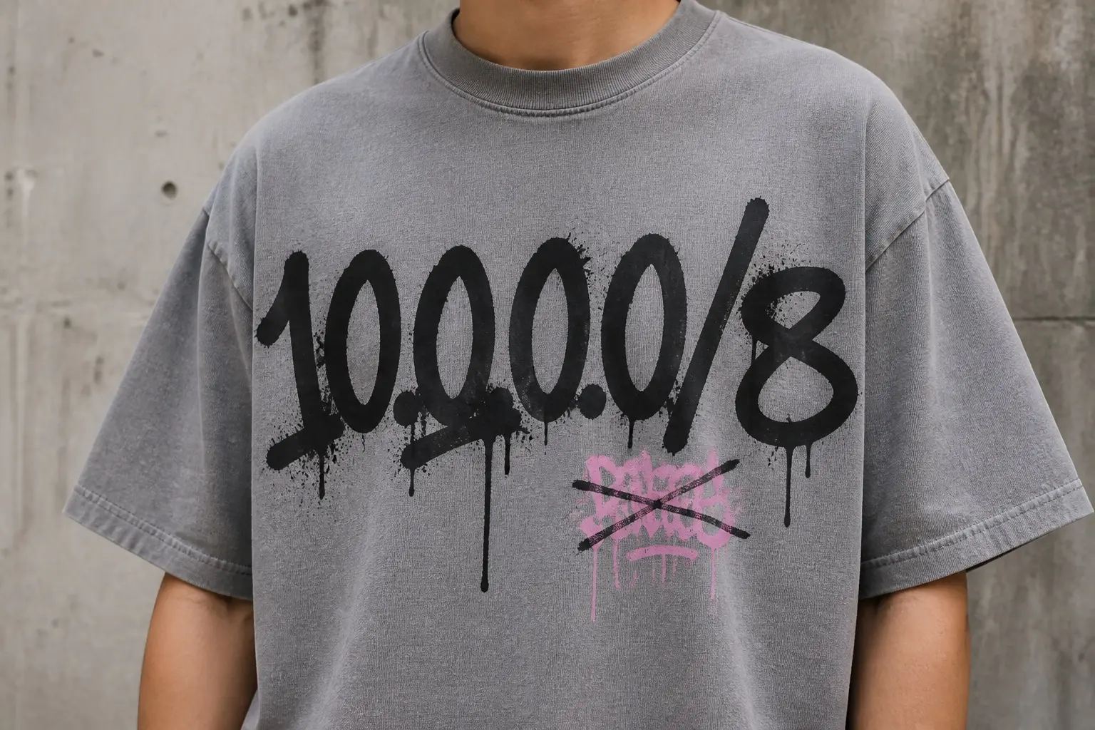 A concrete-grey tee printed in black and one pink with a spray-painted tag reading 10.0.0.0/8 in a fat wildstyle hand, strokes overlapping with drips from three letterforms, and a small earlier tag crossed out beneath one corner.