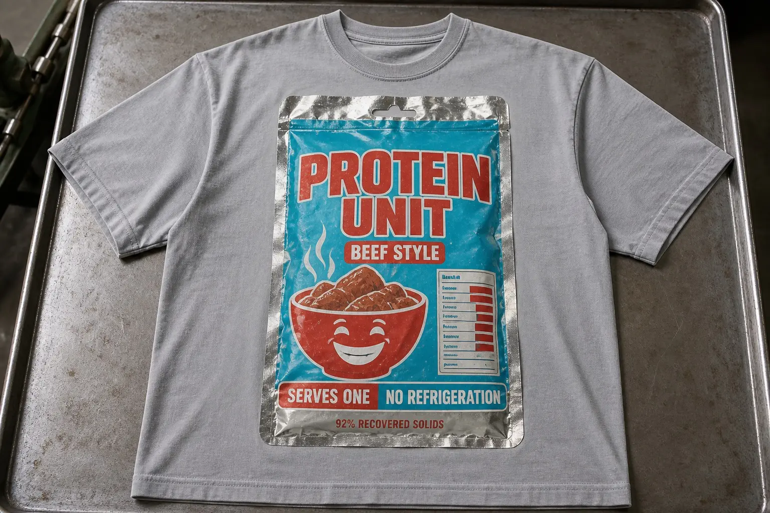 A silver grey t-shirt flat on a steel tray, printed with a creased foil retort pouch with a tear notch, PROTEIN UNIT in bold across the panel, BEEF STYLE beneath it, a small cheerful illustration of a steaming bowl, SERVES ONE and NO REFRIGERATION in a band, and 92% RECOVERED SOLIDS in tiny type at the base