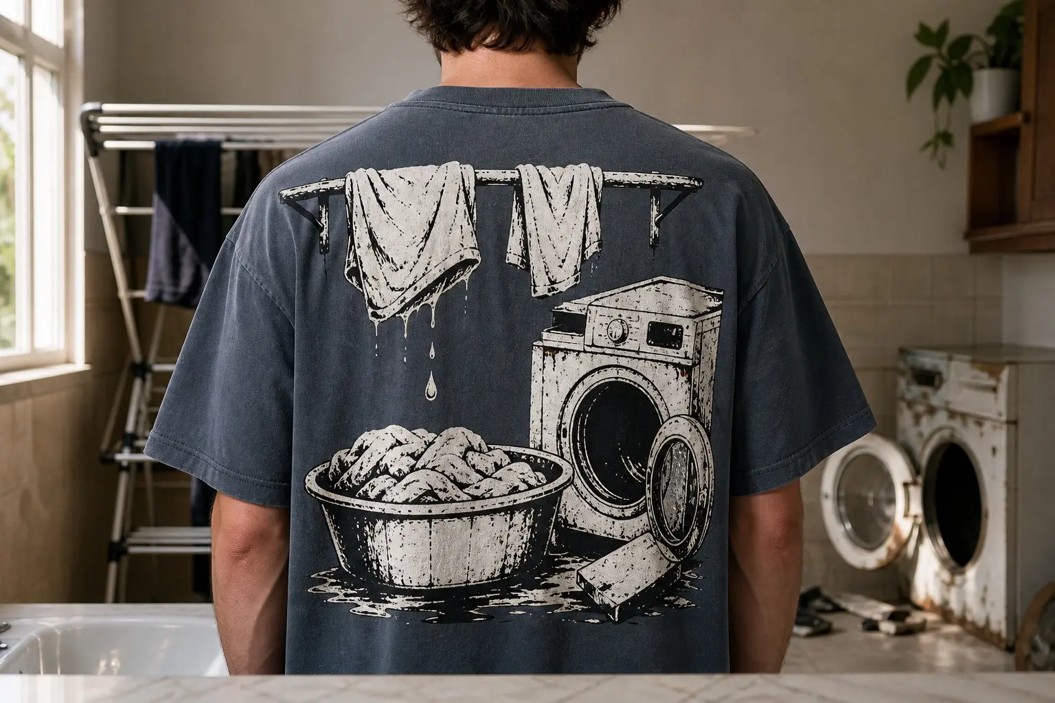 A dark slate blue-grey t-shirt printed full-back with a laundry basin full of wrung washing below a drying rack holding two dripping garments, and beside it a washing machine with its door come away from the frame and a tray pulled out and set on the wet floor.