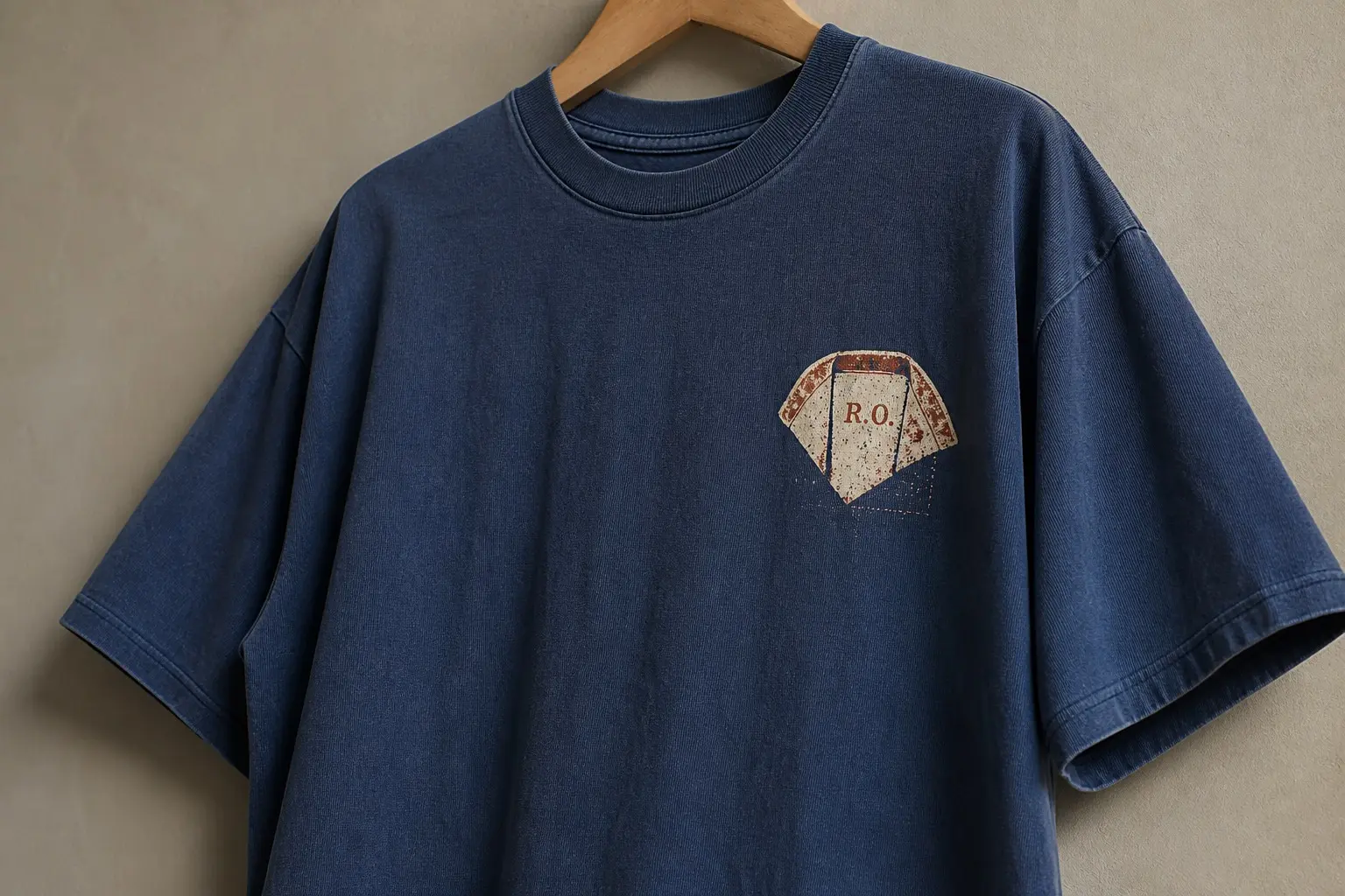 A denim indigo tee on a wooden hanger, printed small on the left chest with a jacket's inside collar folded open, showing the initials R.O. hand-stitched in rust thread at its centre and, faintly below, the needle-holes of an older, now illegible set of initials that were picked out