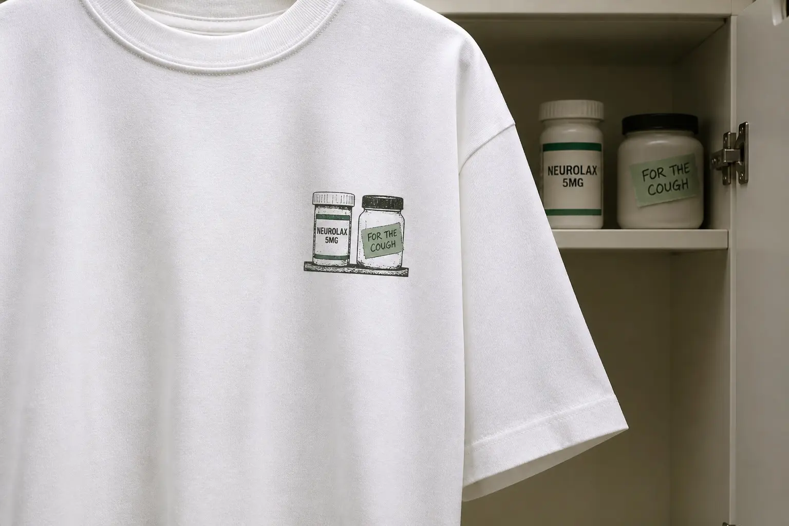 A clinical white t-shirt printed with a small badge-sized mark high on the left chest — an open cabinet shelf holding a printed pharmacy bottle beside a plain jar with a handwritten tape label, in black and one dull green.
