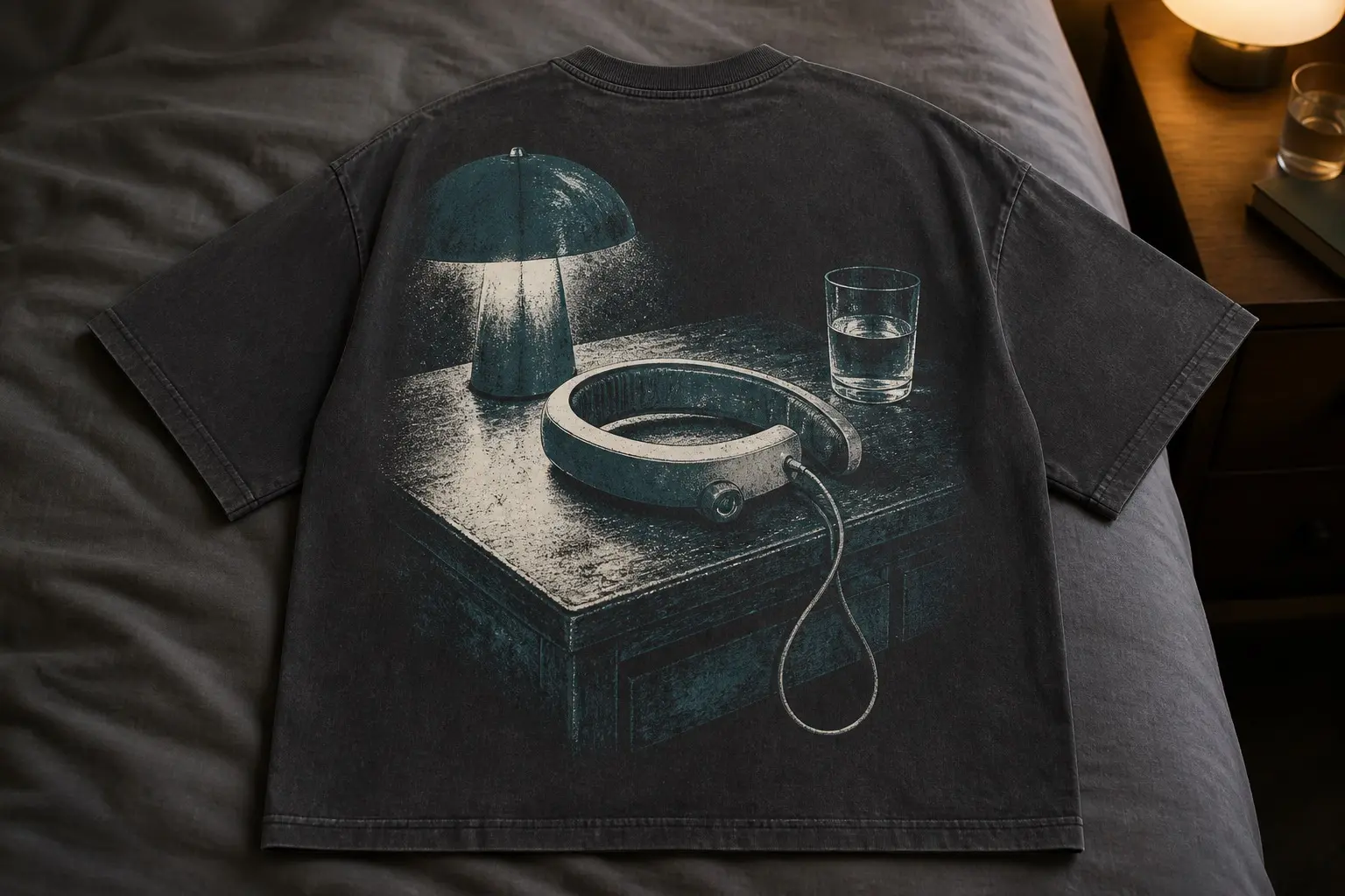 A charcoal grey tee, back print, a hand-tinted nightscape of a nightstand — a lamp lit at one edge, a glass of water, and a neural interface rig sitting unplugged on the table, its cable hanging off the table edge in a loose loop that doesn't reach the floor and its small circular indicator drawn hollow rather than lit; no person appears in the scene, printed in bone white and one dim teal over charcoal.