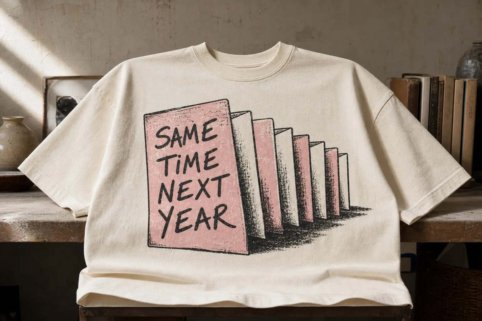 A cream tee laid flat, printed across the chest with a row of greeting cards standing open along a shelf in a receding line, the nearest and largest card reading SAME TIME NEXT YEAR in handwritten lettering, the cards behind it angled so their folded edges are all that shows, alternating dusty pink and cream