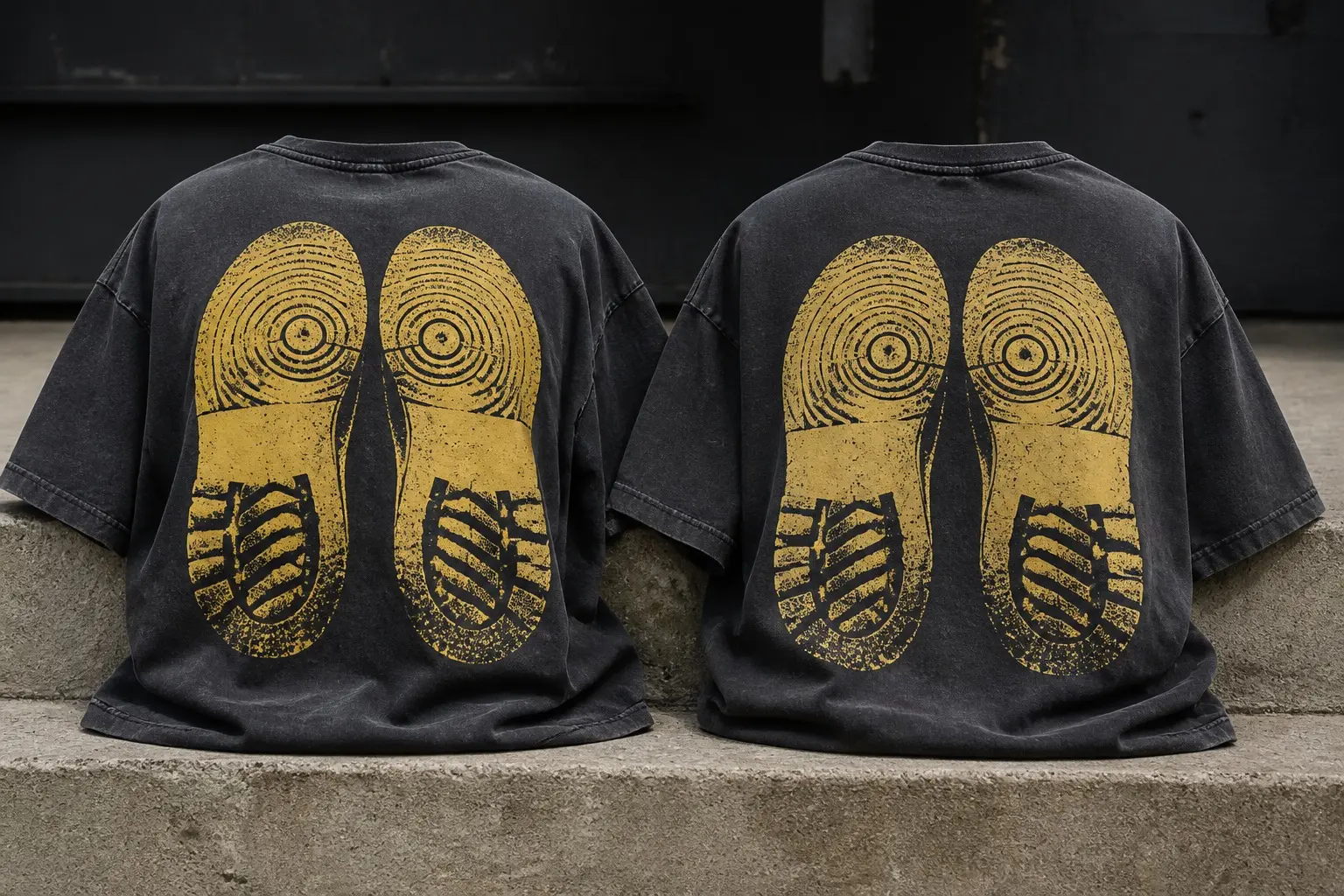 A graphite tee printed across the full back with a mirrored pair of shoe soles seen from below, each showing two contrasting tread patterns divided by a flat seam band — a concentric ringed pattern across the forefoot and a deep diagonal rib pattern at the heel — printed in black and straw yellow with no text anywhere in the artwork