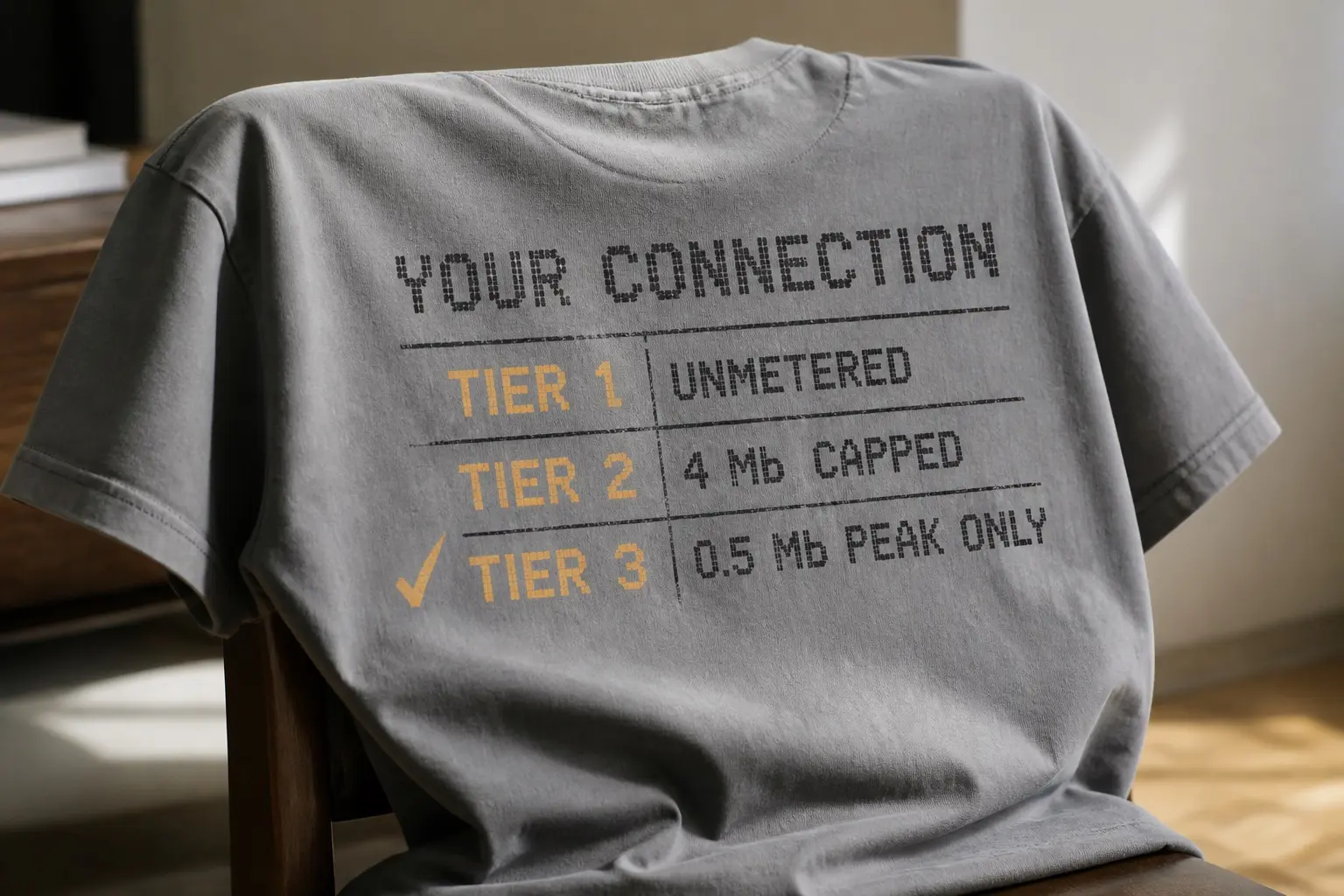 A grey tee thrown across a chair back, printed in charcoal and one amber dot-matrix ink with the words YOUR CONNECTION above a three-row service-tier table reading TIER 1 UNMETERED, TIER 2 4 Mb CAPPED, TIER 3 0.5 Mb PEAK ONLY, with a heavy printed tick against TIER 3.