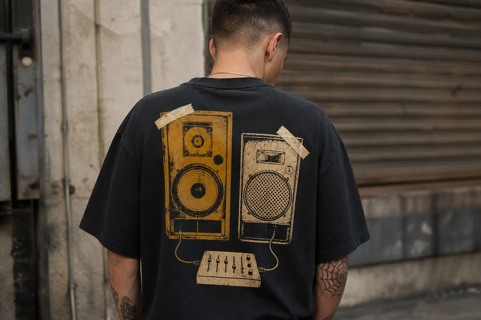 A near-black tee printed with two large speaker cabinets side by side, clearly not a matched pair, a strip of masking tape across the top corner of each, cables running down to a small mixing desk on the floor between them with faders set at unequal heights.