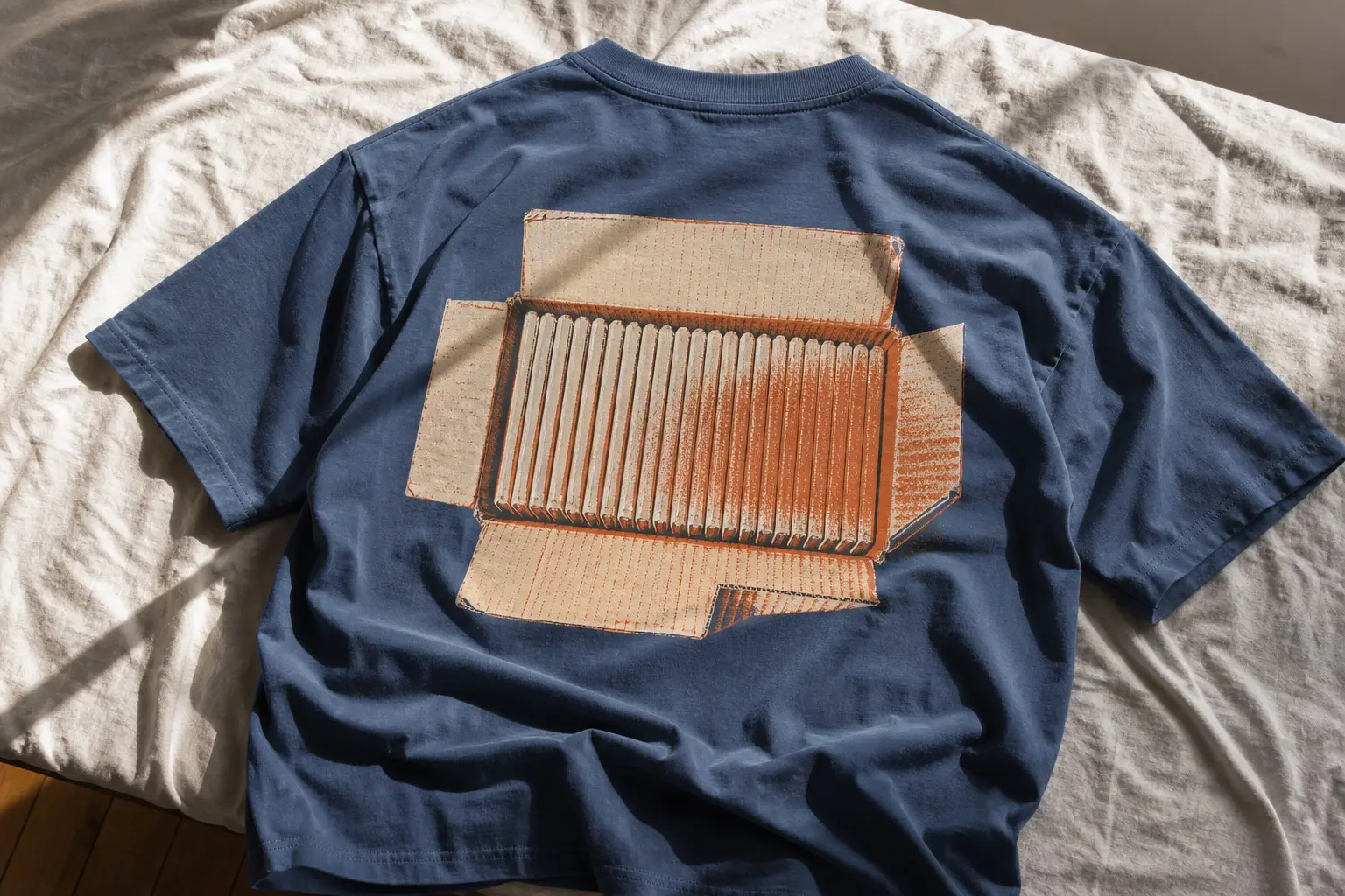 A dusty blue tee printed with a cardboard box viewed from directly above, flaps open, packed with a dense row of identical hand-made booklets standing on their spines so only their top edges show, dust heavier at one end, bare floorboards visible and one flap bent inward, with no other text