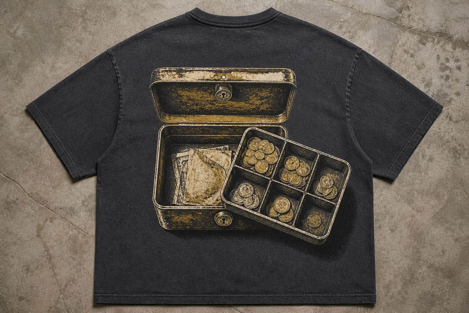 A charcoal tee printed with a small lockable cash tin seen from directly above, lid hinged back and its coin tray lifted out and set beside it, six compartments holding visibly unequal quantities, folded notes lying flat where the tray sat, the paint chipped at every corner, with no text or figures