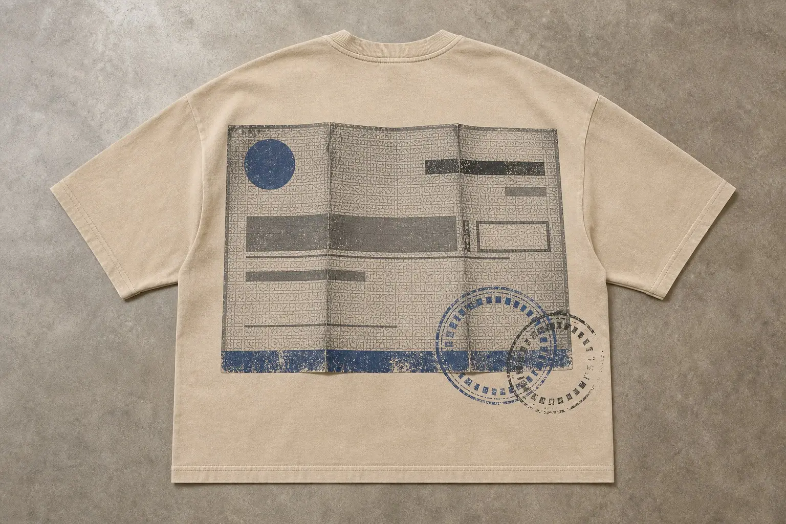 A sand tee printed with a cheque shown flat and very large, its fine repeating guilloche background intact but every printed field reduced to a plain grey block with no readable words, its amount box left completely empty, two overlapping bank date stamps at slightly different angles with unreadable characters, and hard creases from being folded in three