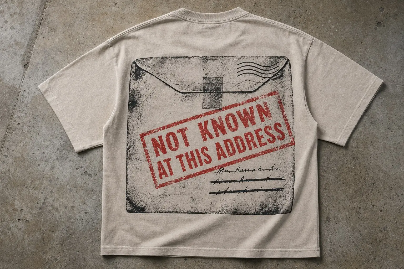 A stone-coloured tee printed with an envelope opened once and re-sealed with tape, its handwritten address struck through with two ruled lines, and a heavy rubber stamp reading NOT KNOWN AT THIS ADDRESS applied diagonally and slightly off-square across the face, franked with a plain wavy-line cancellation and no date.