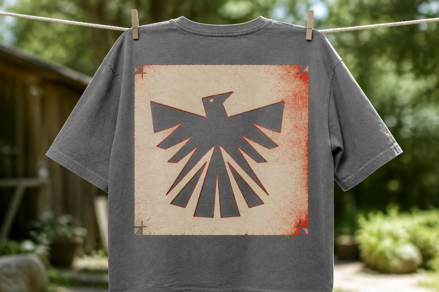 A stencil cut by hand from thin printed cardboard, the angular bird shape read as holes carrying the flat garment colour with a hard inner shadow line, narrow solid bridges holding the cut sections in place, short over-cut slits at the four corners where the blade ran past the line, and dried aerosol overspray marking one edge, no sprayed image anywhere in the frame