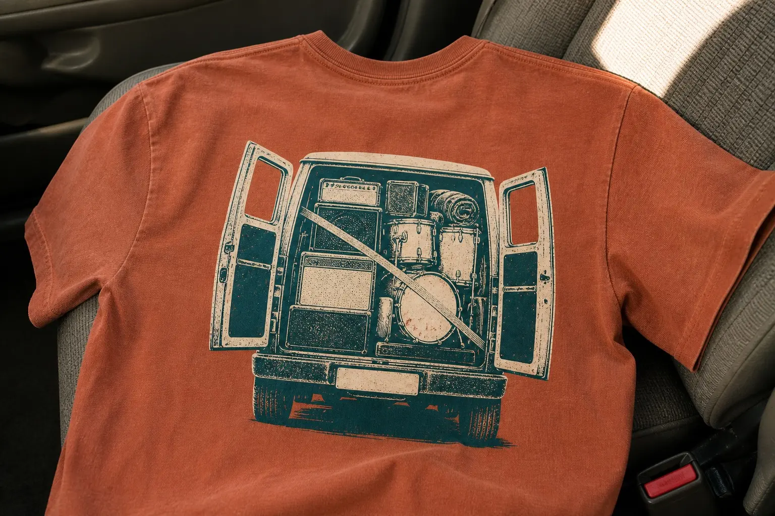 A rust-coloured tee printed with the rear of a small van seen straight on, both back doors open, packed to the roof with amplifiers, drums, boxes and bags held in by a single strap, parked at a slight angle, its number plate left completely blank.