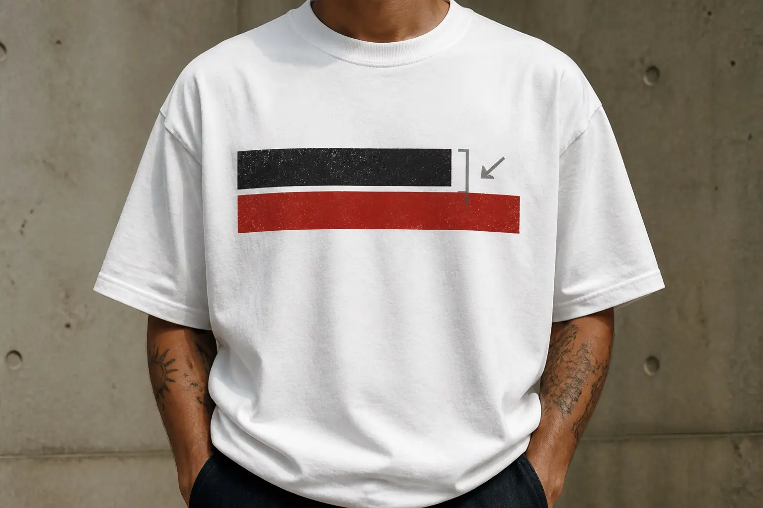 A chalk white tee printed with two horizontal bars stacked one above the other and left-aligned from the same point with flat blunt ends, the top bar clearly shorter than the bottom, a small bracket spanning the gap between their two ends with a short arrow pointing at it, in plain flat colour with no numbers or divisions