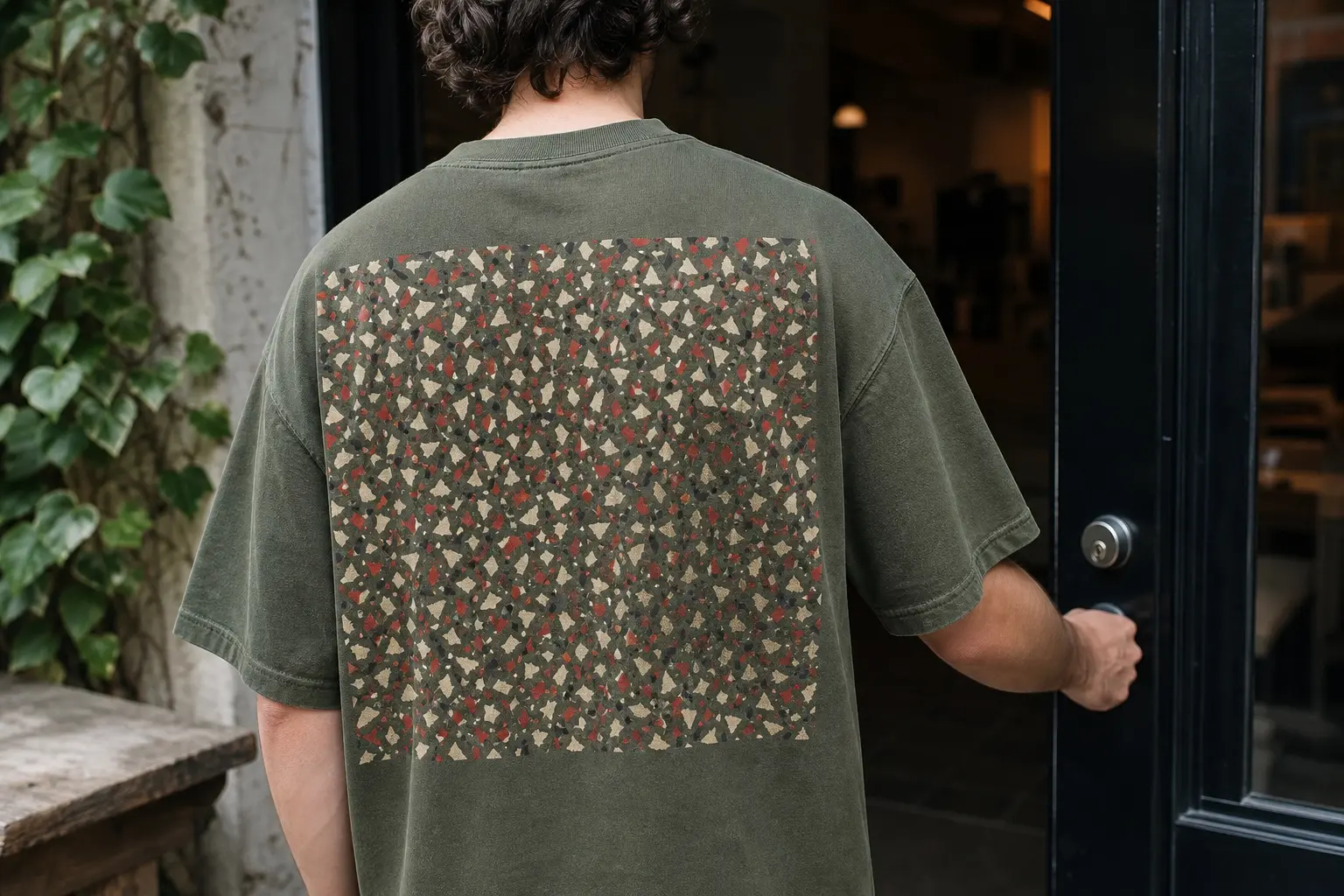 A washed moss green tee worn by a man turned away with one hand on a dark door handle, printed across the back with a dense square field of small angular flecks in oat, brick red and charcoal set at many rotations, packed edge to edge and cut off flush by a straight edge on all four sides.