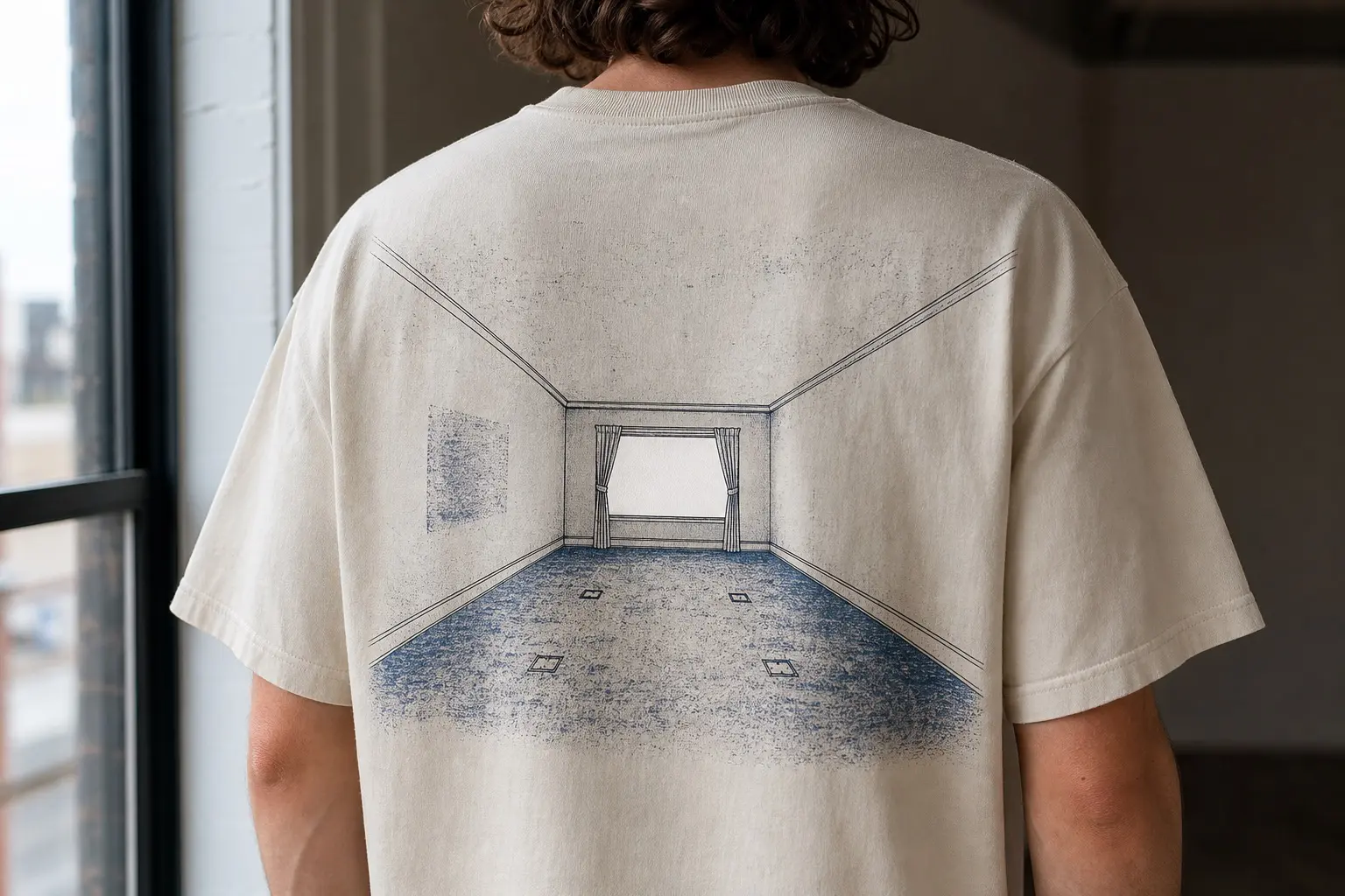 A cream tee worn by a man standing with his back to the camera beside a window, printed across the back in thin dark line with one completely empty room in centred one-point perspective — ceiling, floor and both side walls all in frame, a bright blank window with loose curtains on the far wall, four small square dents in the stippled carpet and one unfaded rectangle on the left wall.