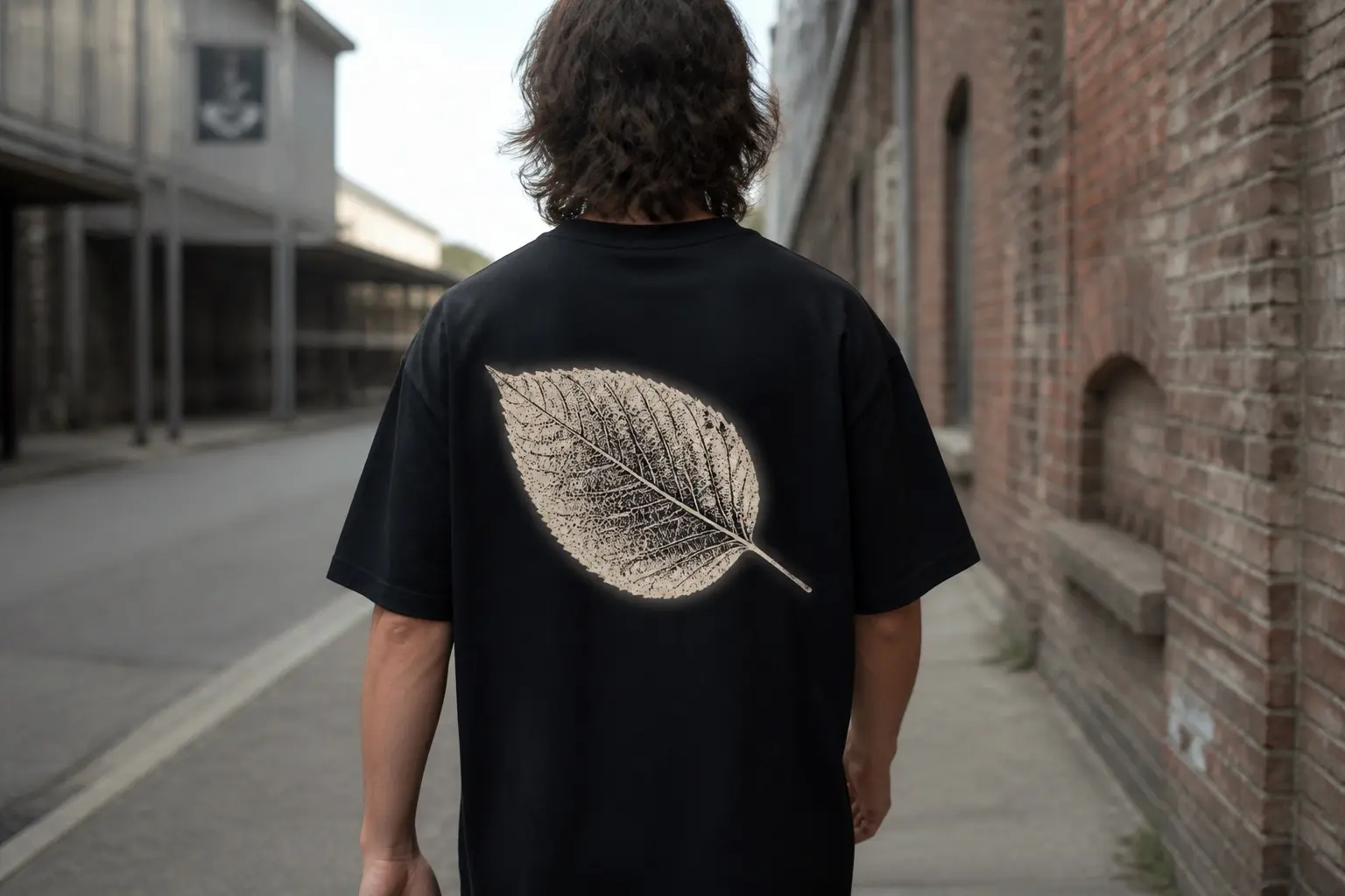 A black tee worn walking away down a brick-walled street, printed across the back with one veined leaf drawn in warm tan tone with a soft glowing halo where it meets the glass, set against a flat, gradientless black field that fills the rest of the panel.