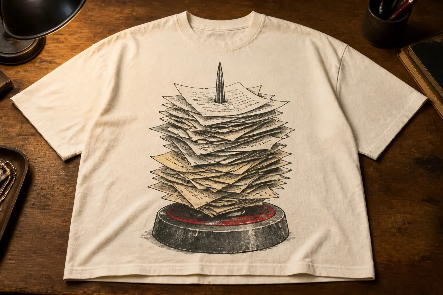 A cream tee flat on a desk under a lamp, printed with a bill spike — a weighted base and one vertical steel spike — carrying a thick fanned sheaf of perhaps sixty receipts, the lowest yellowed and the top ones white, the printing on all of them reduced to illegible grey ruling.