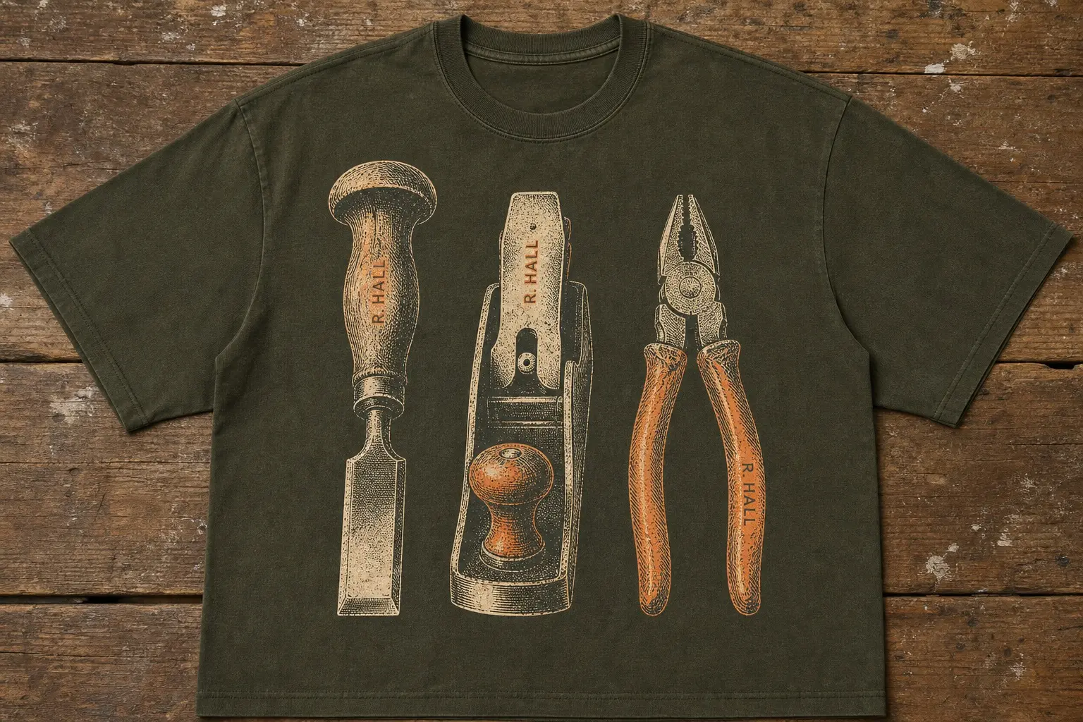 A deep olive tee photographed flat overhead on boards, printed with three worn hand tools in a row — a wooden-handled chisel, a hand plane and a pair of pliers — each stamped one letter at a time with the same surname, R. HALL, wandering slightly off the line.