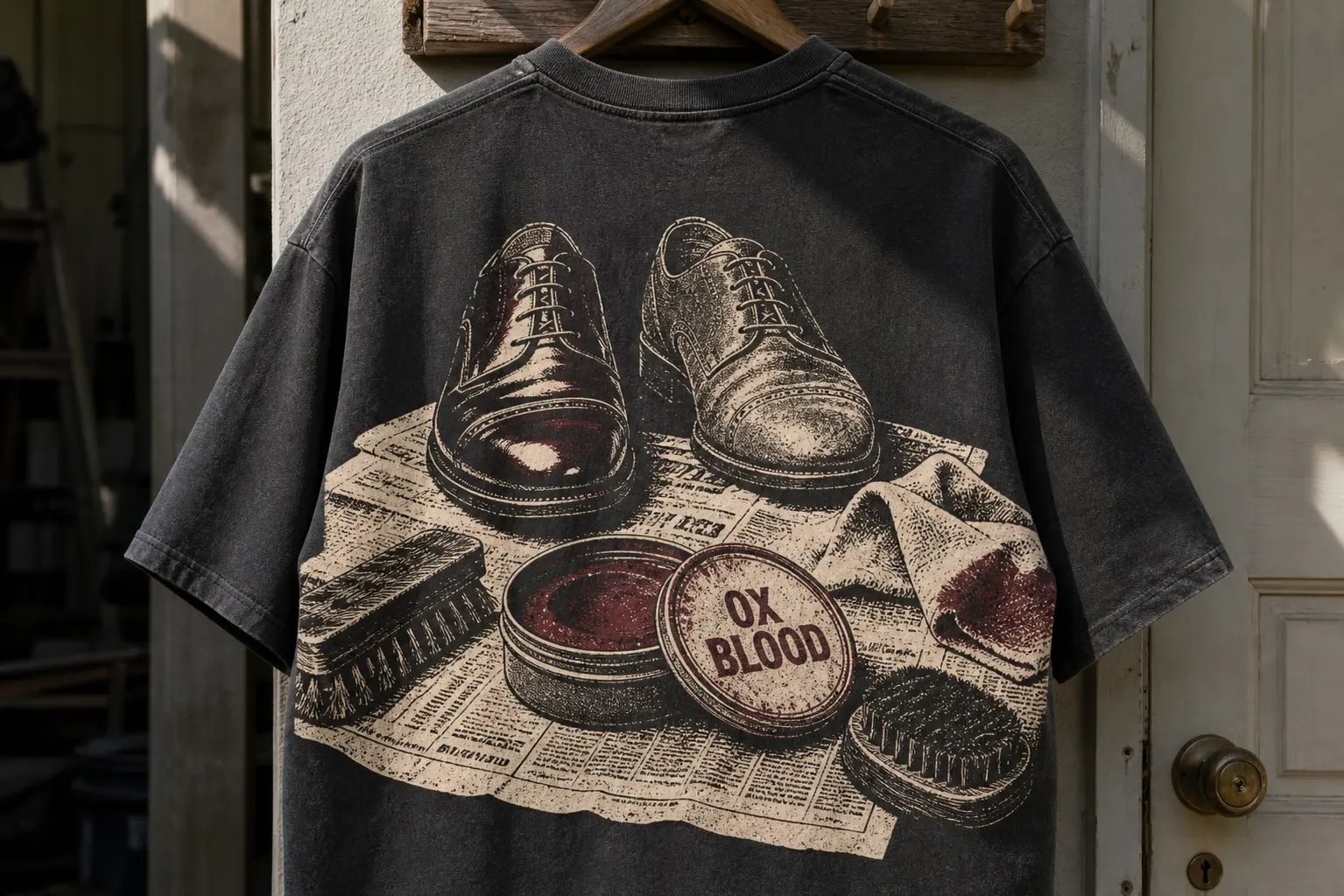 A charcoal tee hung on a peg by the back door, printed with a shoe-cleaning kit laid out mid-job on spread newspaper — a flat tin open and printed OX BLOOD with a thumb-shaped hollow worn into the wax, a stiff brush, a soft brush, a dark-cornered cloth, and two shoes behind, the left finished with a hard toe-cap highlight and the right still dull.