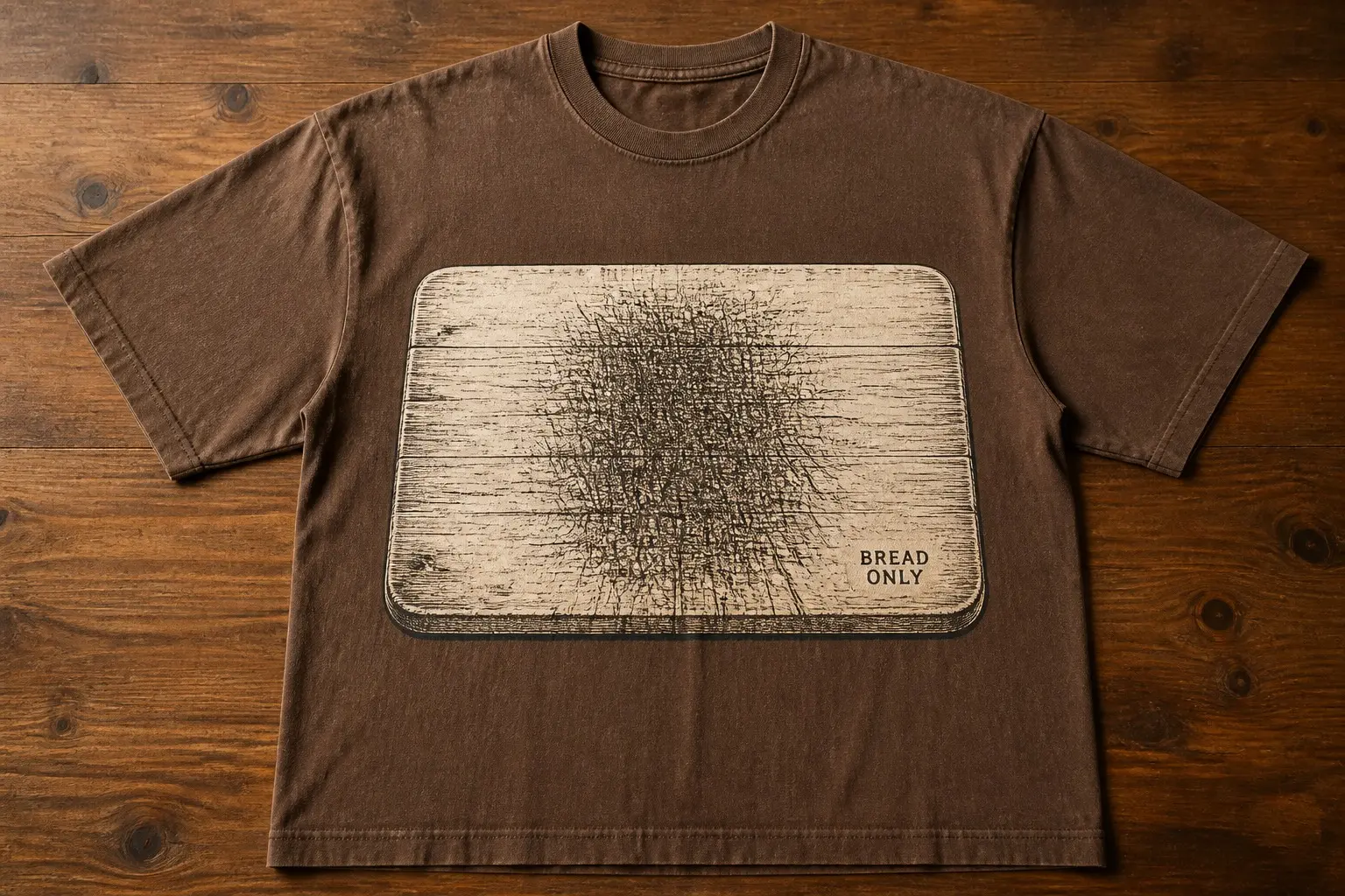 A warm oak brown tee, flat on a wooden countertop, printed with a large cream cutting board in charcoal line — its surface scored dense in a cluster near the centre and thinning unevenly toward the edges, with two small lines of block capitals burned into one corner, away from the scoring, reading BREAD then ONLY.