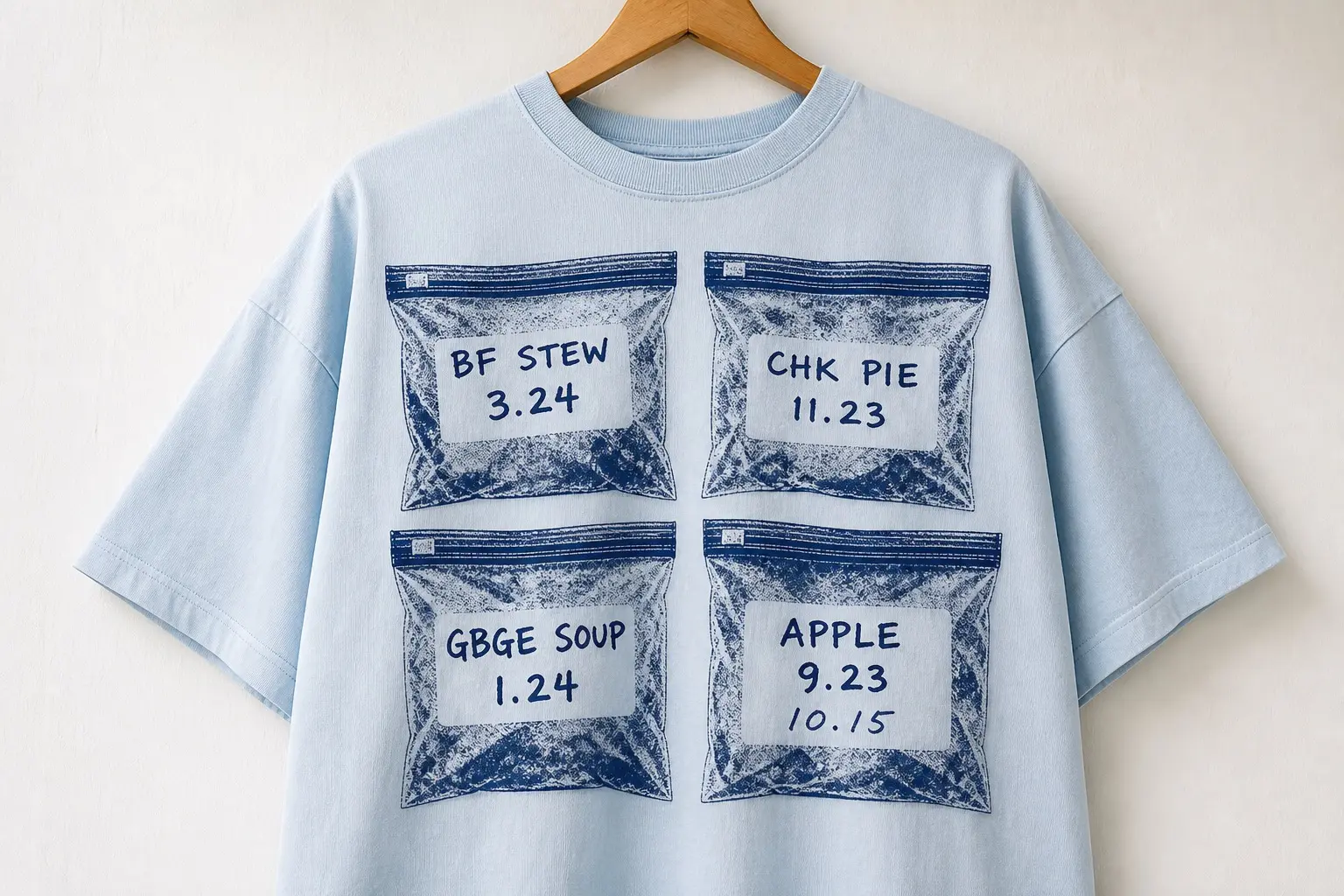 An ice blue tee on a wooden hanger, printed with four frosted navy freezer bags arranged in a grid, each white write-on panel marked in marker capitals — BF STEW 3.24, CHK PIE 11.23, GBGE SOUP 1.24, APPLE 9.23 — one bag carrying a second date added beneath the first in a different stroke.