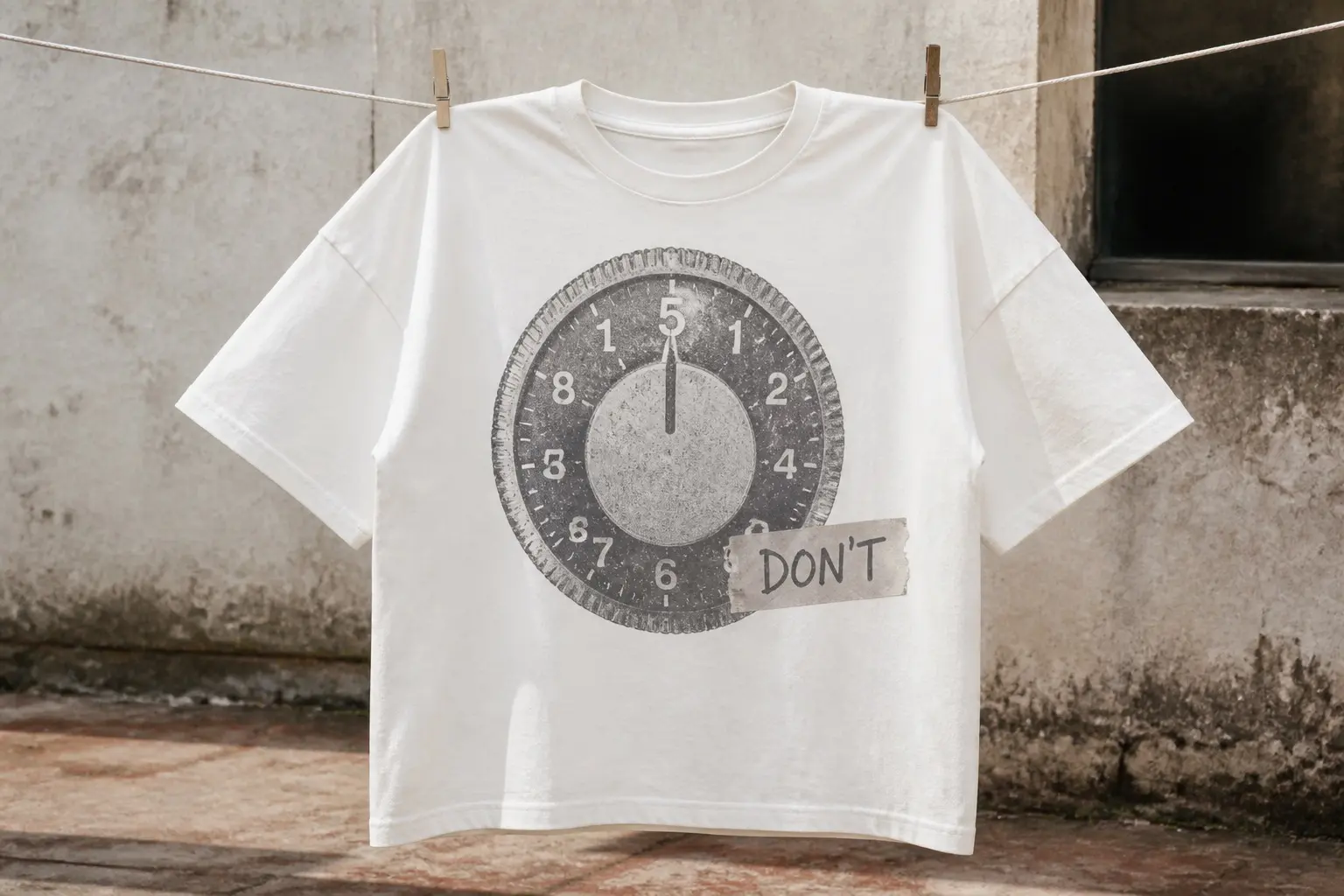 An enamel white tee on a washing line, printed large on the chest with a round appliance thermostat dial in graphite grey line art, its rim numbered one through nine, the pointer fixed on a numeral five rubbed brighter than the rest, and a curling strip of tape beside it handwritten DON'T.