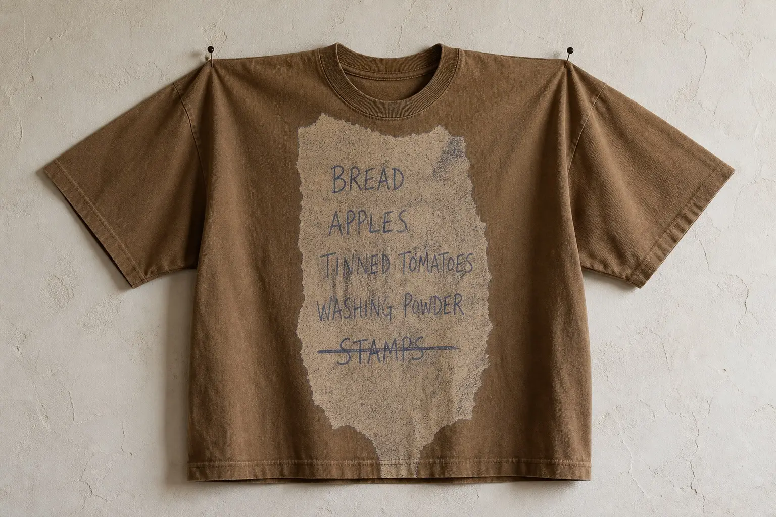 A kraft brown tee pinned flat to a plaster wall by two pins at the shoulders, printed in biro blue on a torn strip of paper reading BREAD, APPLES, TINNED TOMATOES, WASHING POWDER, and STAMPS crossed out with a single line beneath it.