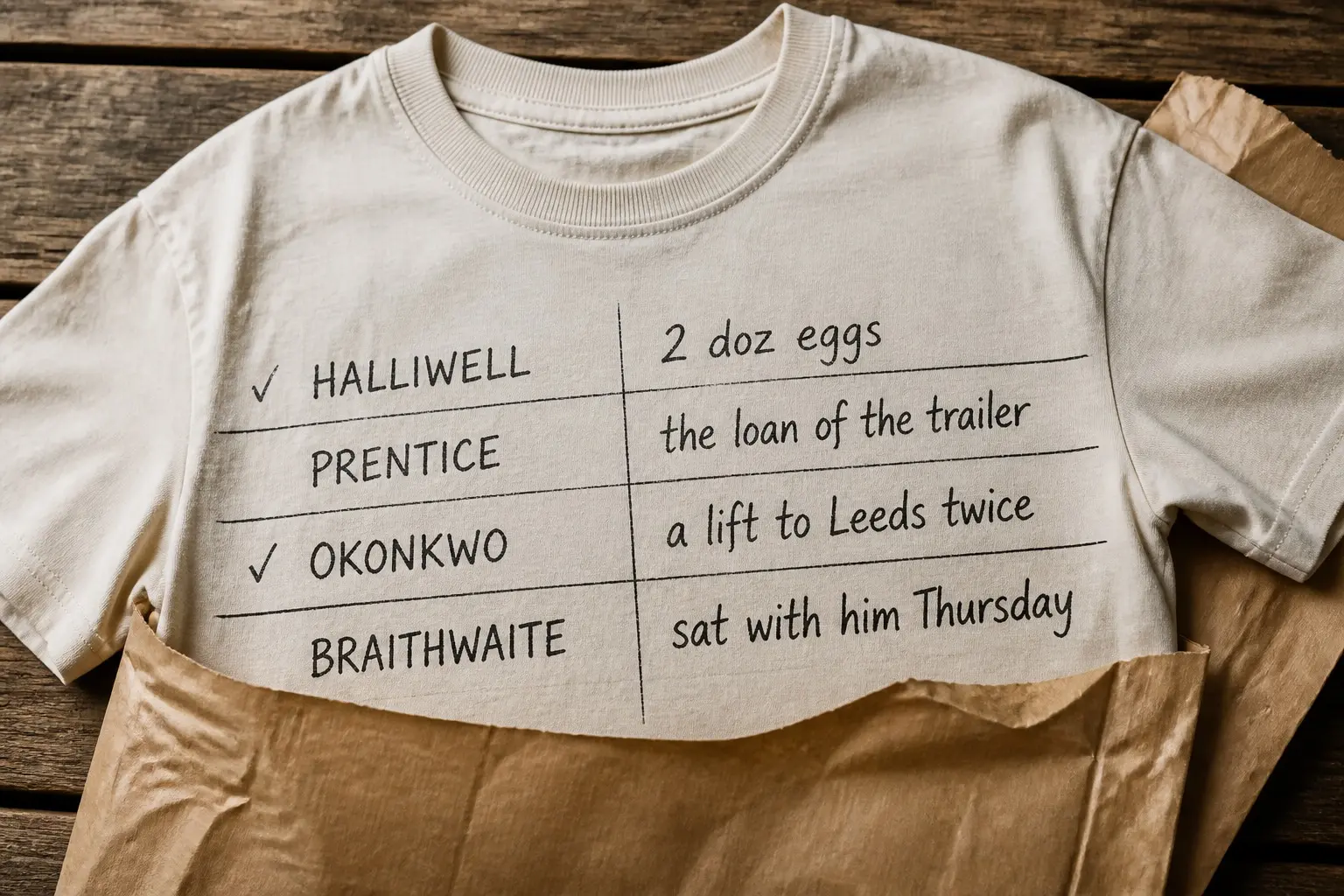 A bone tee half out of a shipping bag, printed with a page from a small ruled notebook in iron-black ink — two columns in a firm hand, surnames on the left and what each person brought on the right, HALLIWELL two dozen eggs, PRENTICE the loan of the trailer, OKONKWO a lift to Leeds twice, BRAITHWAITE sat with him Thursday, a small tick in the margin beside two of the four rows, the ruled lines running off both edges of the page.
