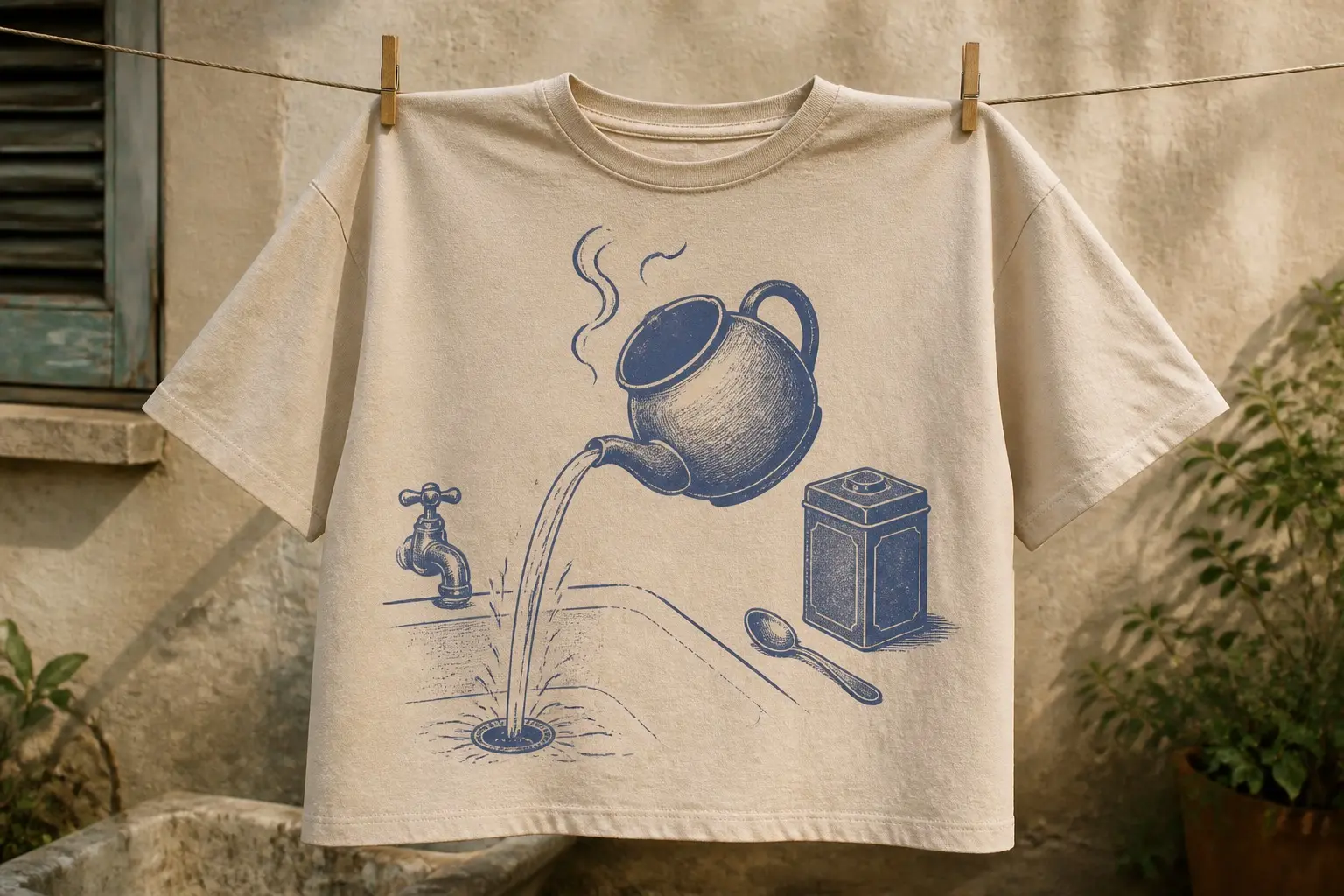 A bone tee pegged on a washing line, printed with a plain brown ceramic teapot tipped over a sink in dusty blue, a clear arc of water pouring from the spout down the drain, two curls of steam rising from the empty pot, and a caddy and spoon waiting beside it.
