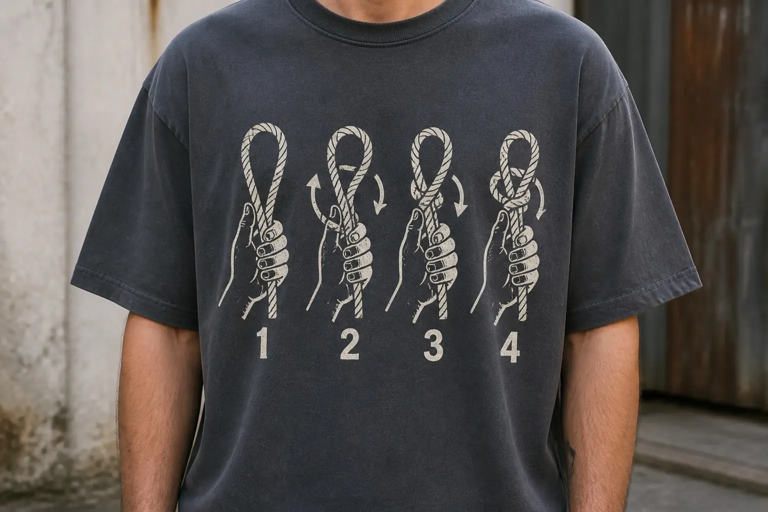 A slate tee worn from the chest down, printed with a four-step sequence in bright cream running left to right — a hand forming a loop, the first two turns twisted one way and the next two the opposite way, small arrows marking each turn's direction, and the numbers 1 to 4 beneath each step, with no boxes or rules between them.