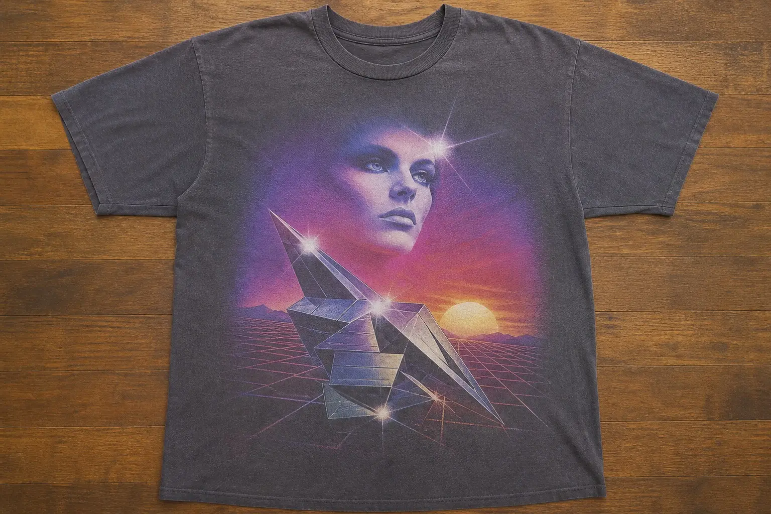 A faded charcoal tee printed with airbrushed 80s cover art — a woman's face above the horizon, a chrome polyhedron on a magenta grid, sunset and lens starbursts