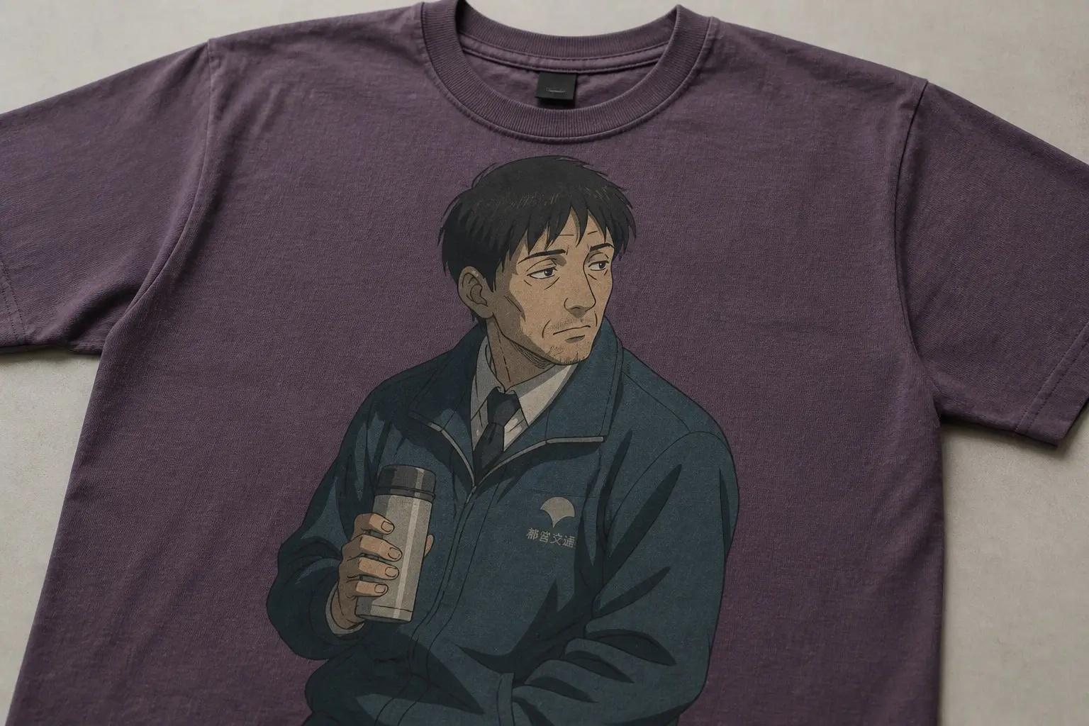 A washed purple tee printed with a 90s cel-style portrait of a tired middle-aged transit worker in a uniform jacket, holding a steel thermos