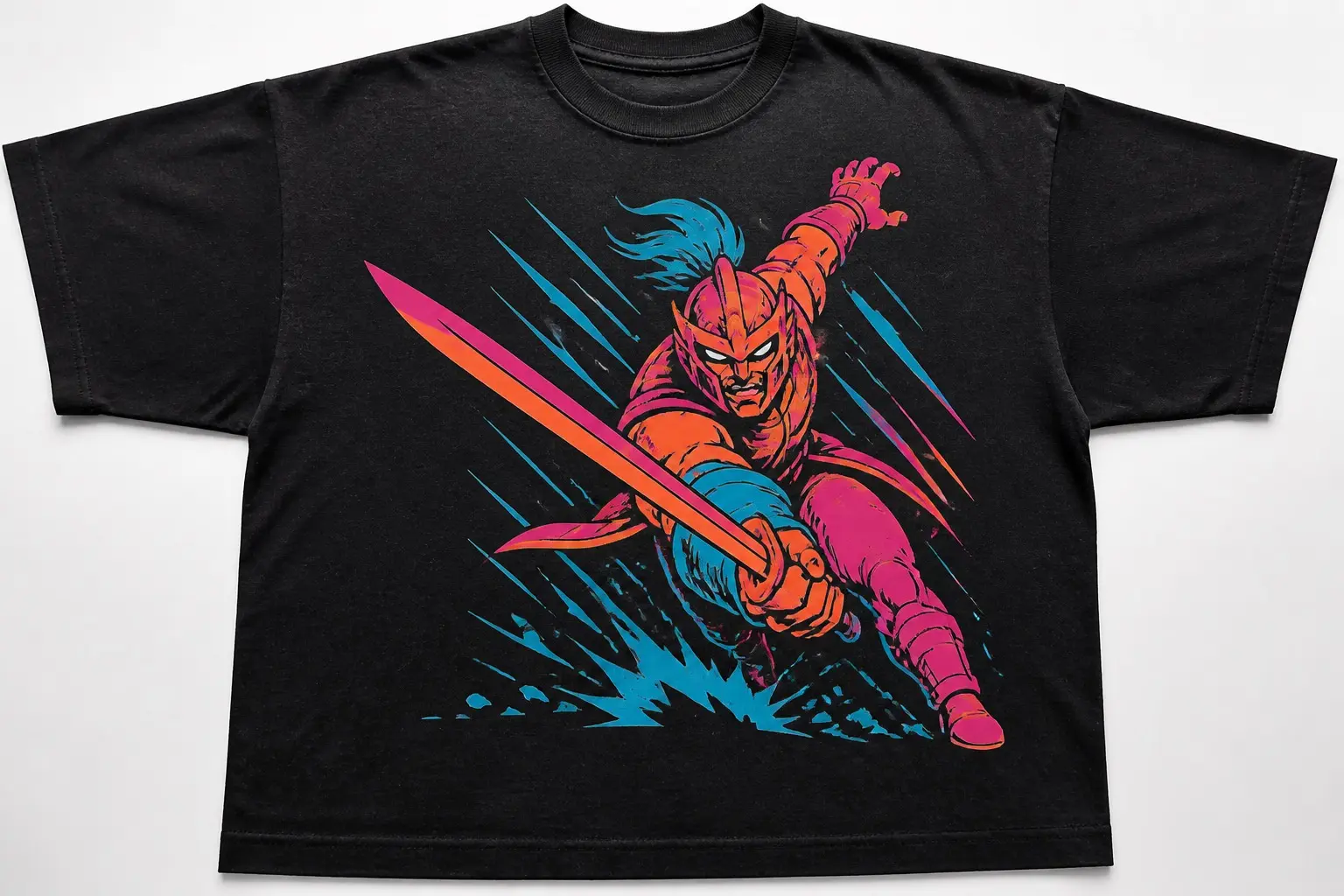 A black tee printed with a helmeted warrior lunging with a sword, drawn in flat fluorescent pink, orange and cyan with speed slashes and no shading