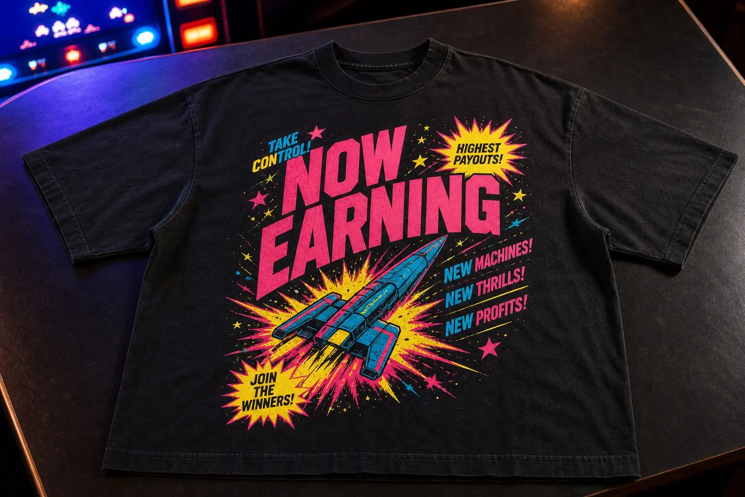 A black tee on a dark table lit by arcade glow, printed with a fluorescent spaceship exploding out of a starburst and NOW EARNING in dense promotional capitals