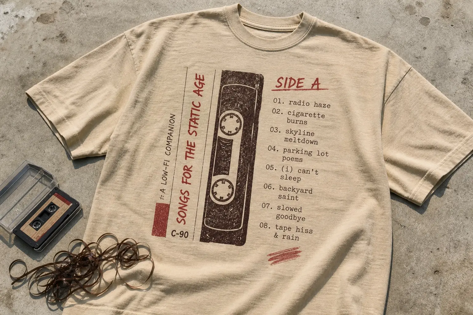 A sand-coloured tee laid beside an open cassette case and a tangle of tape, printed with a J-card layout — SIDE A hand-lettered above a typewriter track listing running down the chest