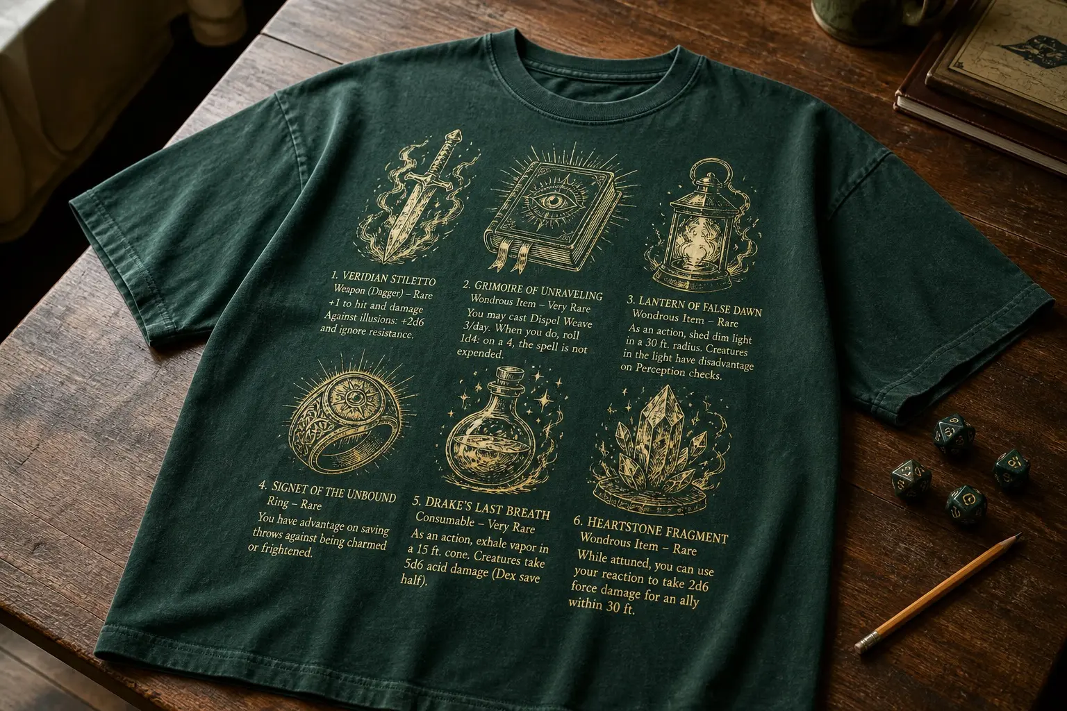 A deep green tee laid on a table beside dice and a pencil, printed with a grid of six invented magic items drawn in pen hatching with names and short stat lines beneath each
