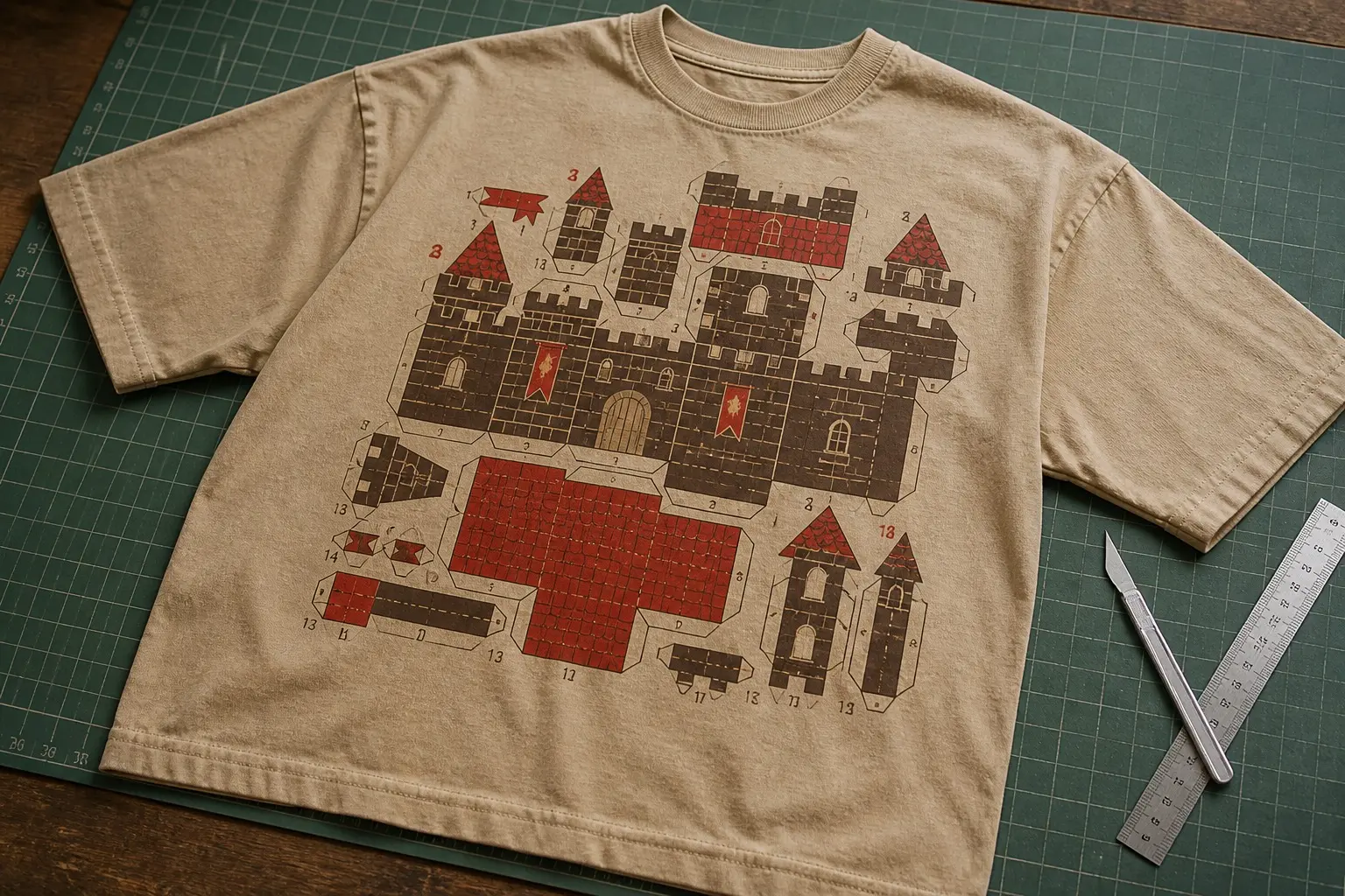 A sand-coloured tee laid on a green cutting mat with a scalpel and steel ruler, printed with a papercraft cut-out sheet for a small castle with dashed fold lines, tabs and numbered edges