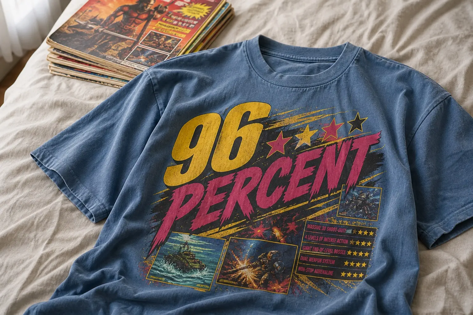 A dust blue tee on a bed beside a stack of old magazines, printed with a slanted headline reading 96 PERCENT over angled colour blocks and a star rating strip
