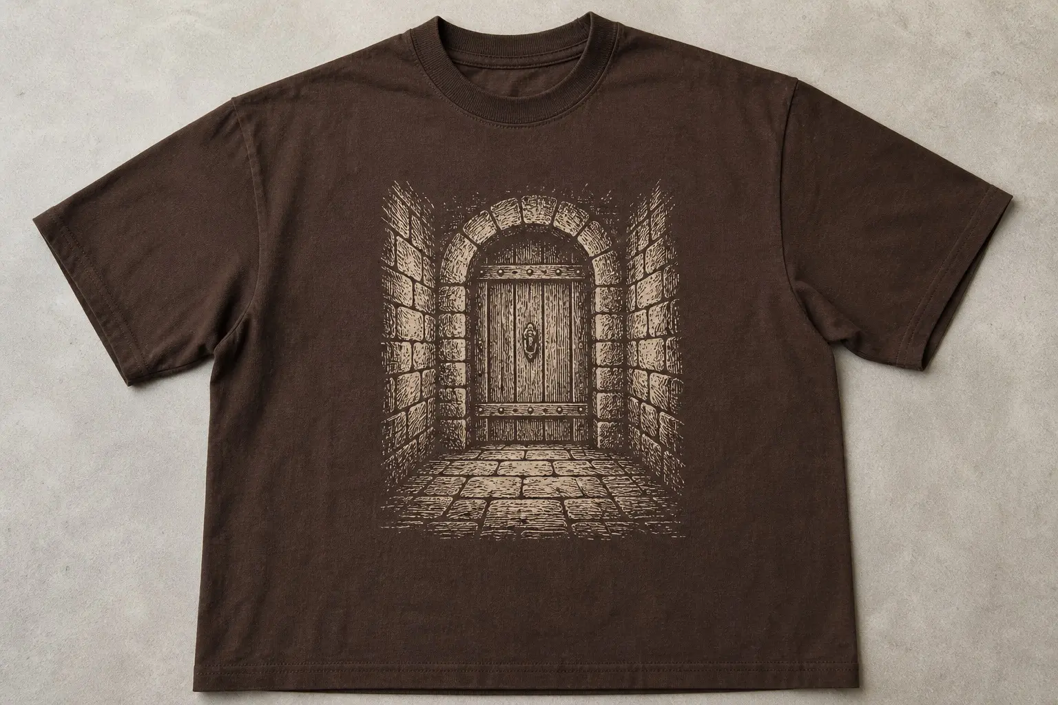 A brown washed tee printed in cream ink with a hatched pen illustration of a stone corridor ending in a studded wooden door