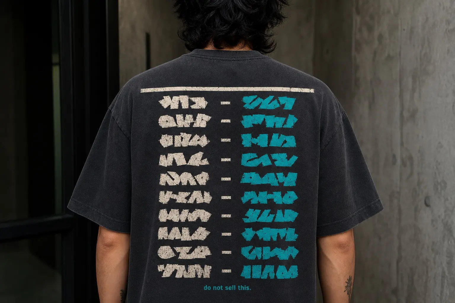 A black tee worn from behind, back print laid out as a credits page — a rule across the top, then a centred column of paired lines in cream and teal, all illegible, ending in one readable line at the foot reading "do not sell this."