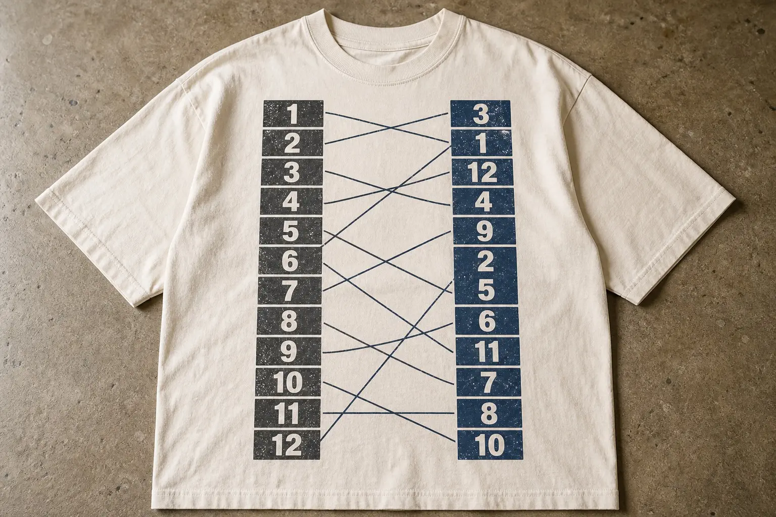 A cream tee laid flat, printed with two vertical columns of twelve numbered blocks — the left column running 1 to 12 in sequence, the right column carrying the same twelve renumbered, joined by long diagonal lines crossing between the columns